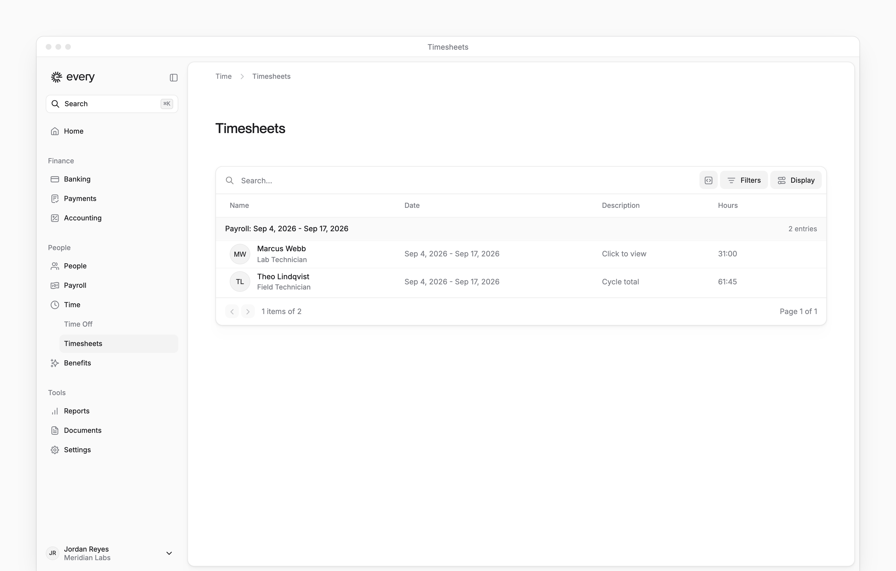 Timesheets grouped by payroll cycle, with employee names, dates, descriptions and hours.