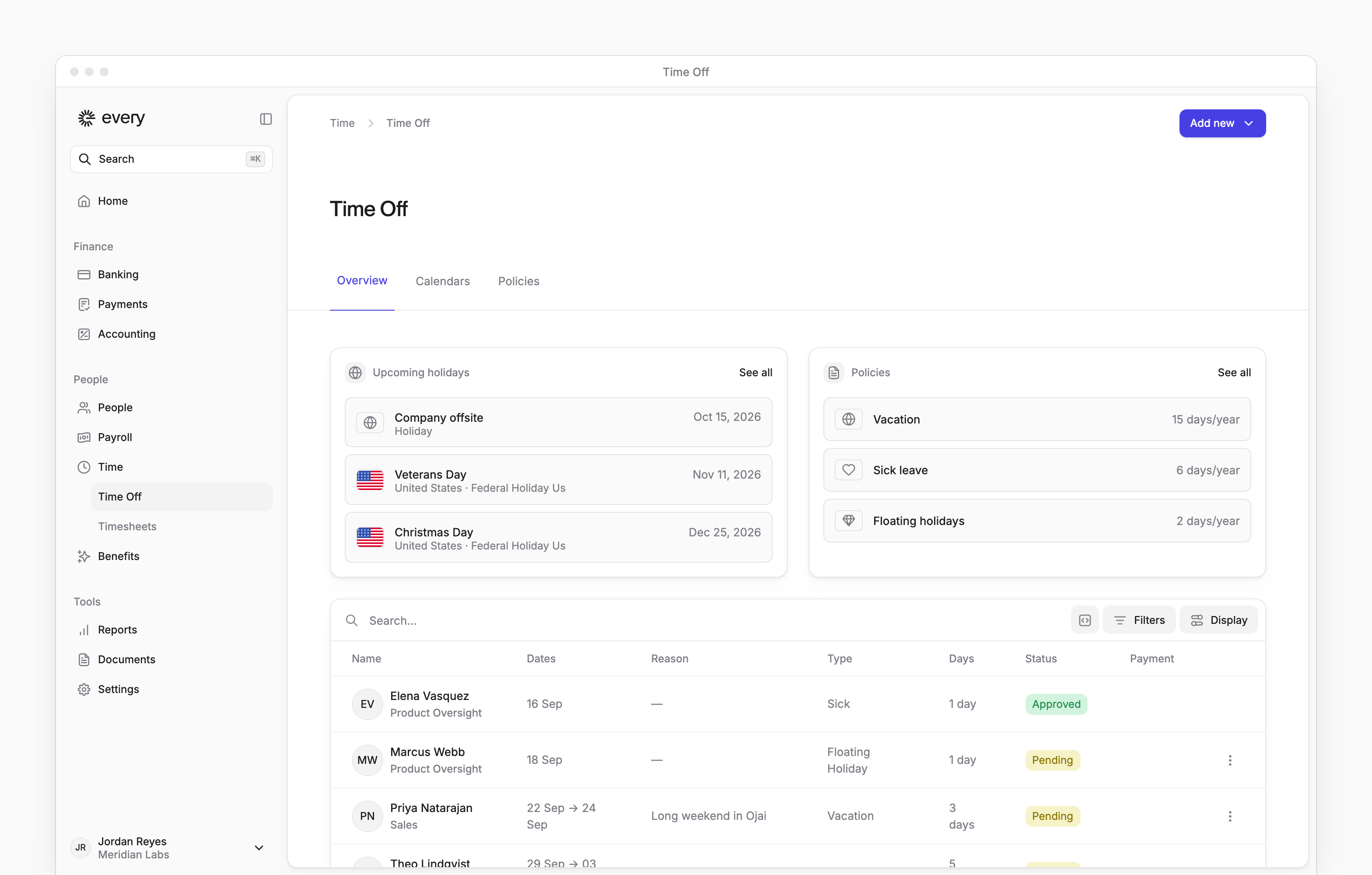 Time Off overview with upcoming holidays, policies and employee requests awaiting decisions.