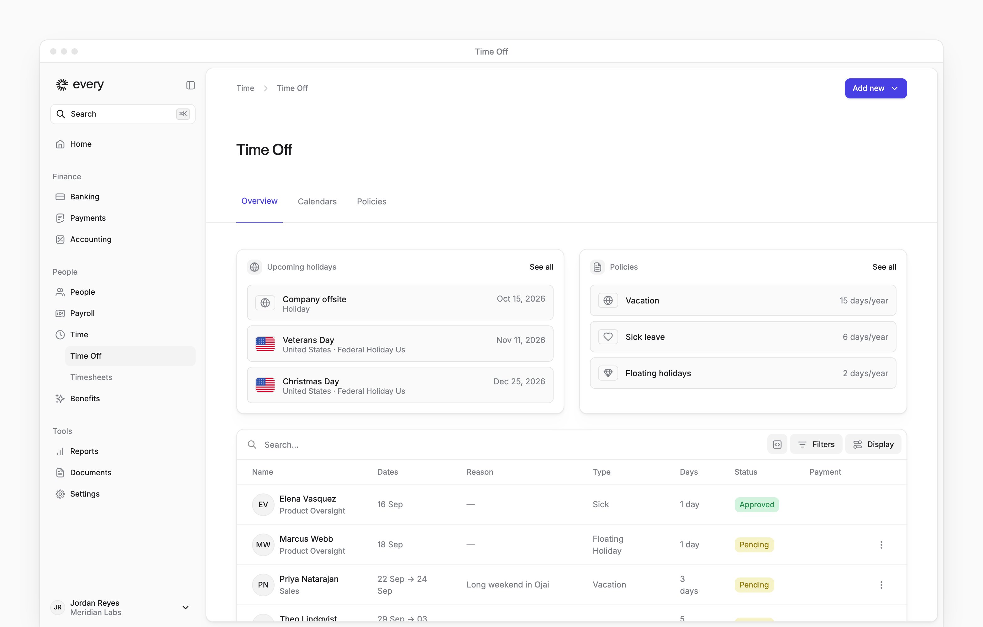 Time Off overview with upcoming holidays, policies and employee requests awaiting decisions.