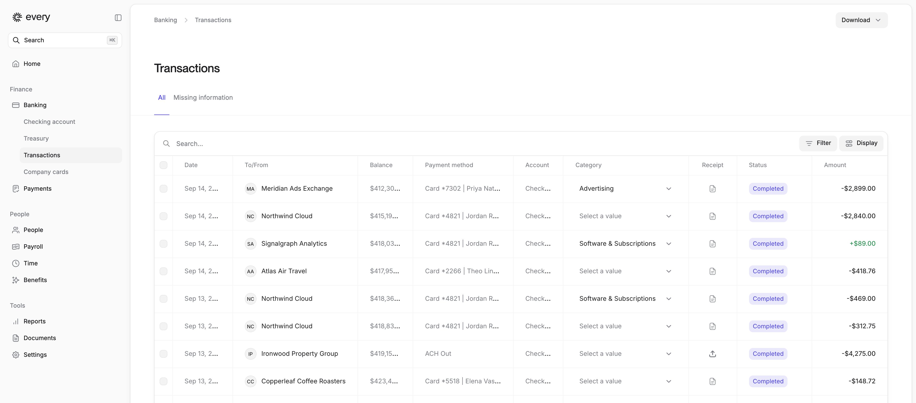 The Transactions page as a table, with a filter bar, a category on each row, and Receipt and Status columns.