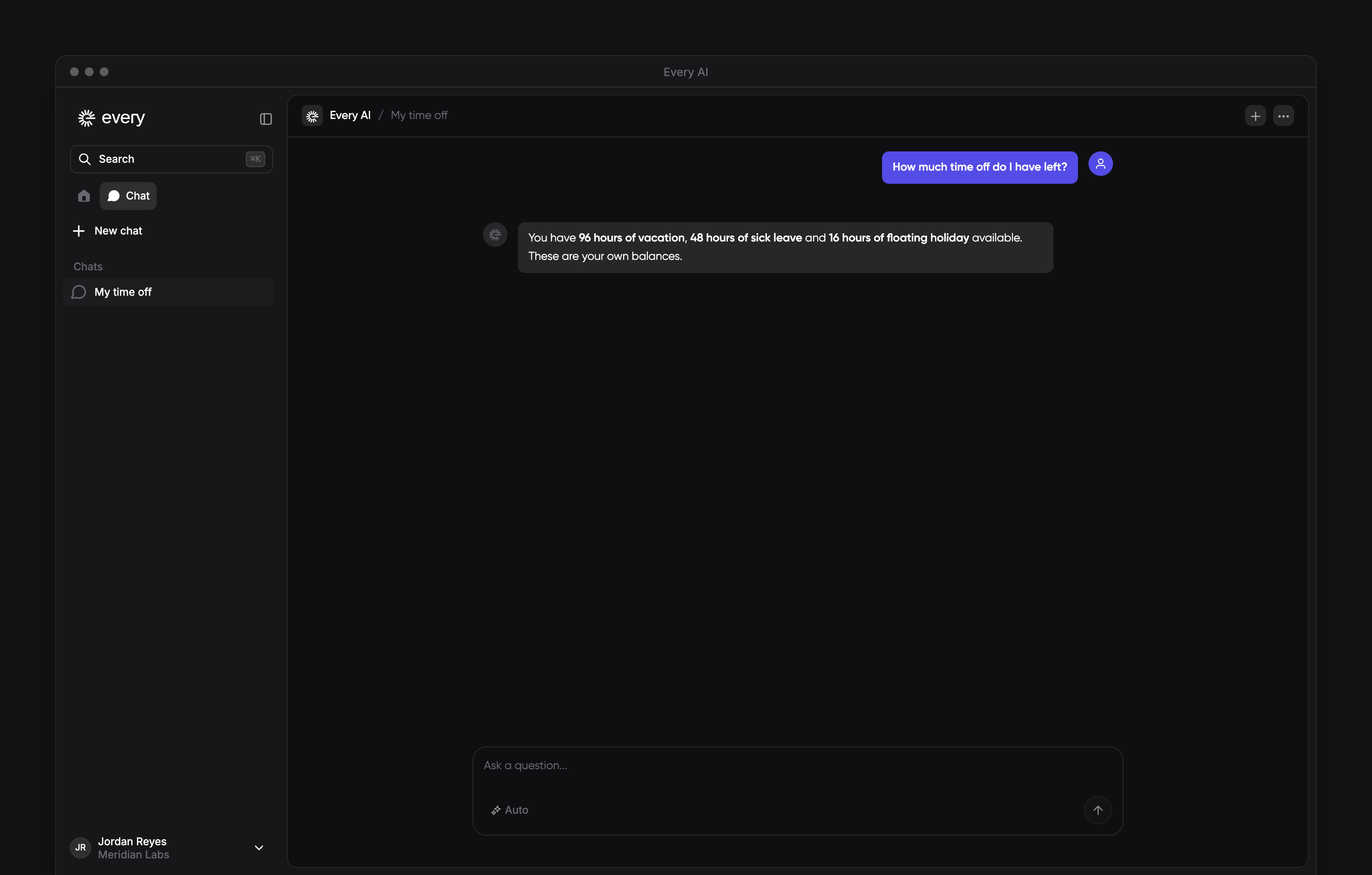 AI chat answering the signed-in employee’s own time off question, with the chat sidebar visible.