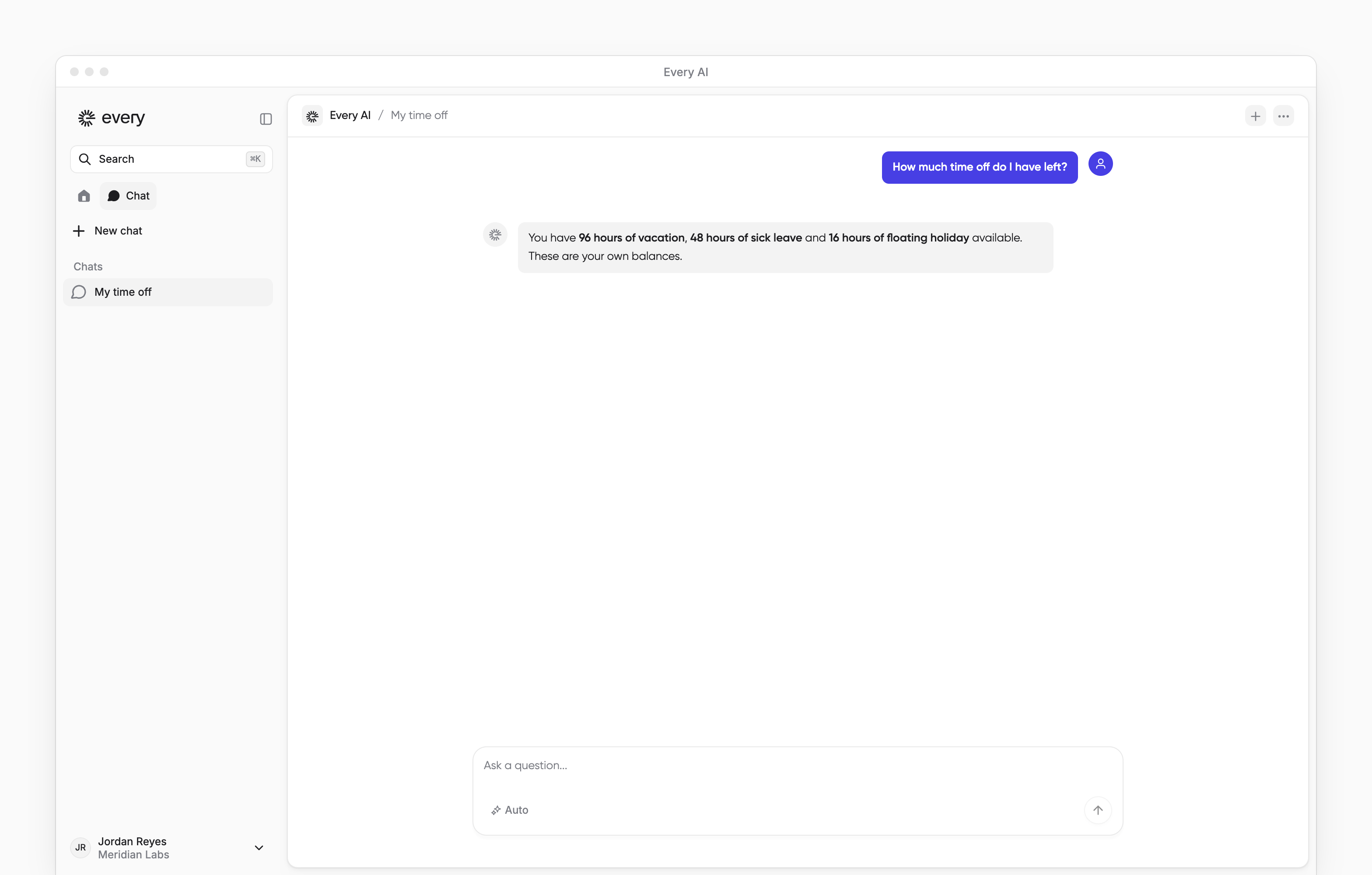 AI chat answering the signed-in employee’s own time off question, with the chat sidebar visible.