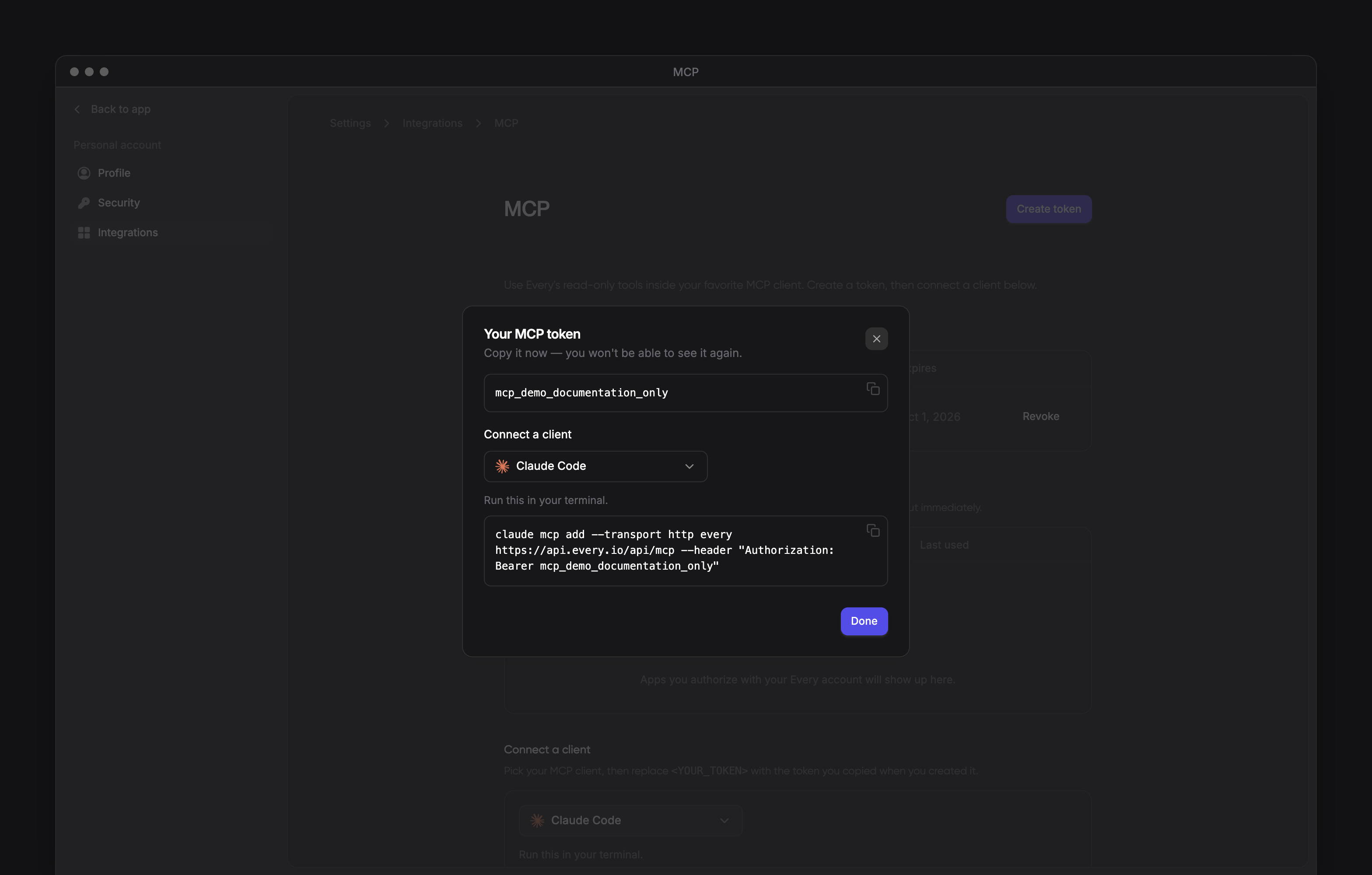 The Your MCP token dialog with its copy-once token and Claude Code instructions.