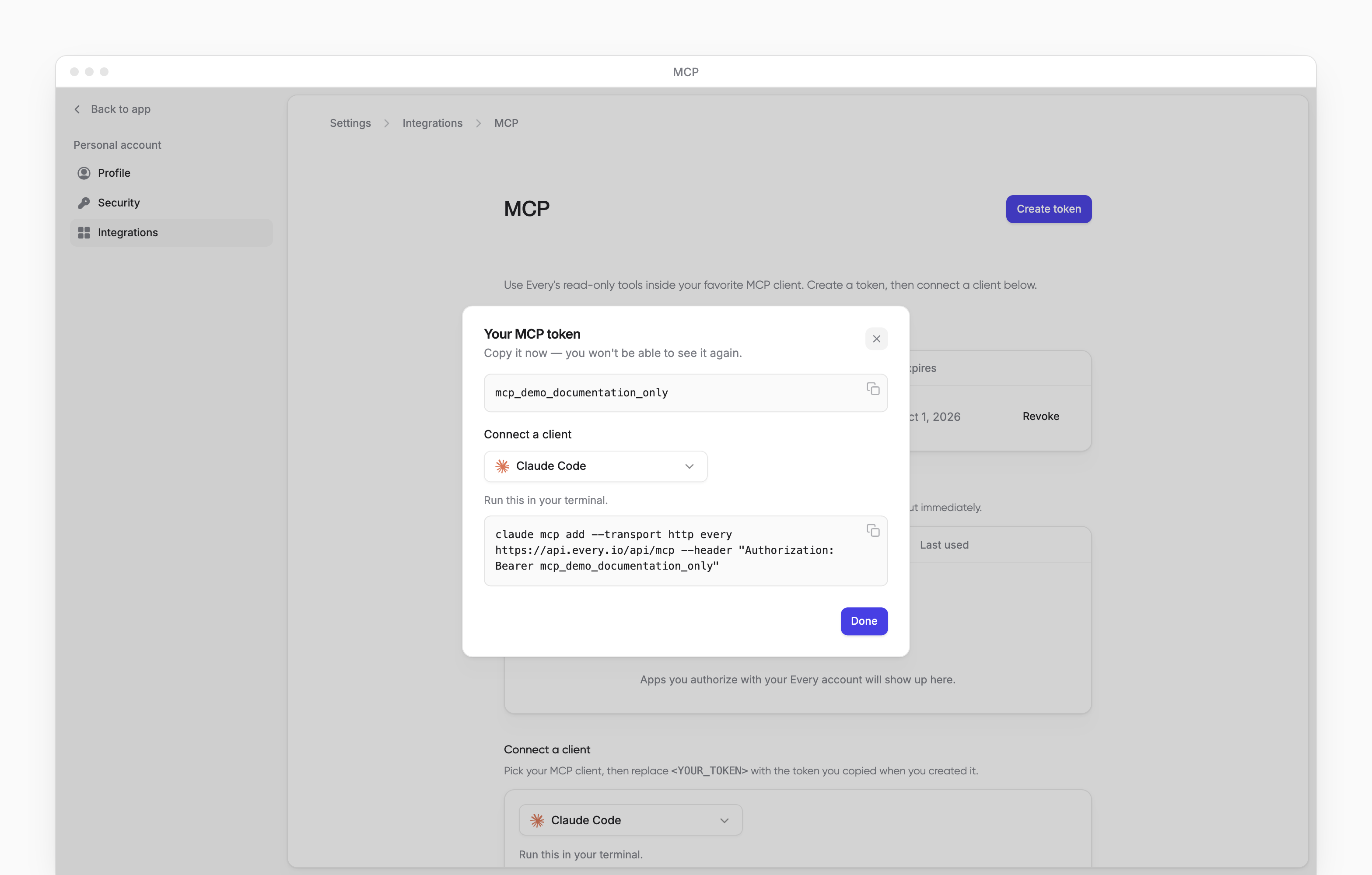 The Your MCP token dialog with its copy-once token and Claude Code instructions.