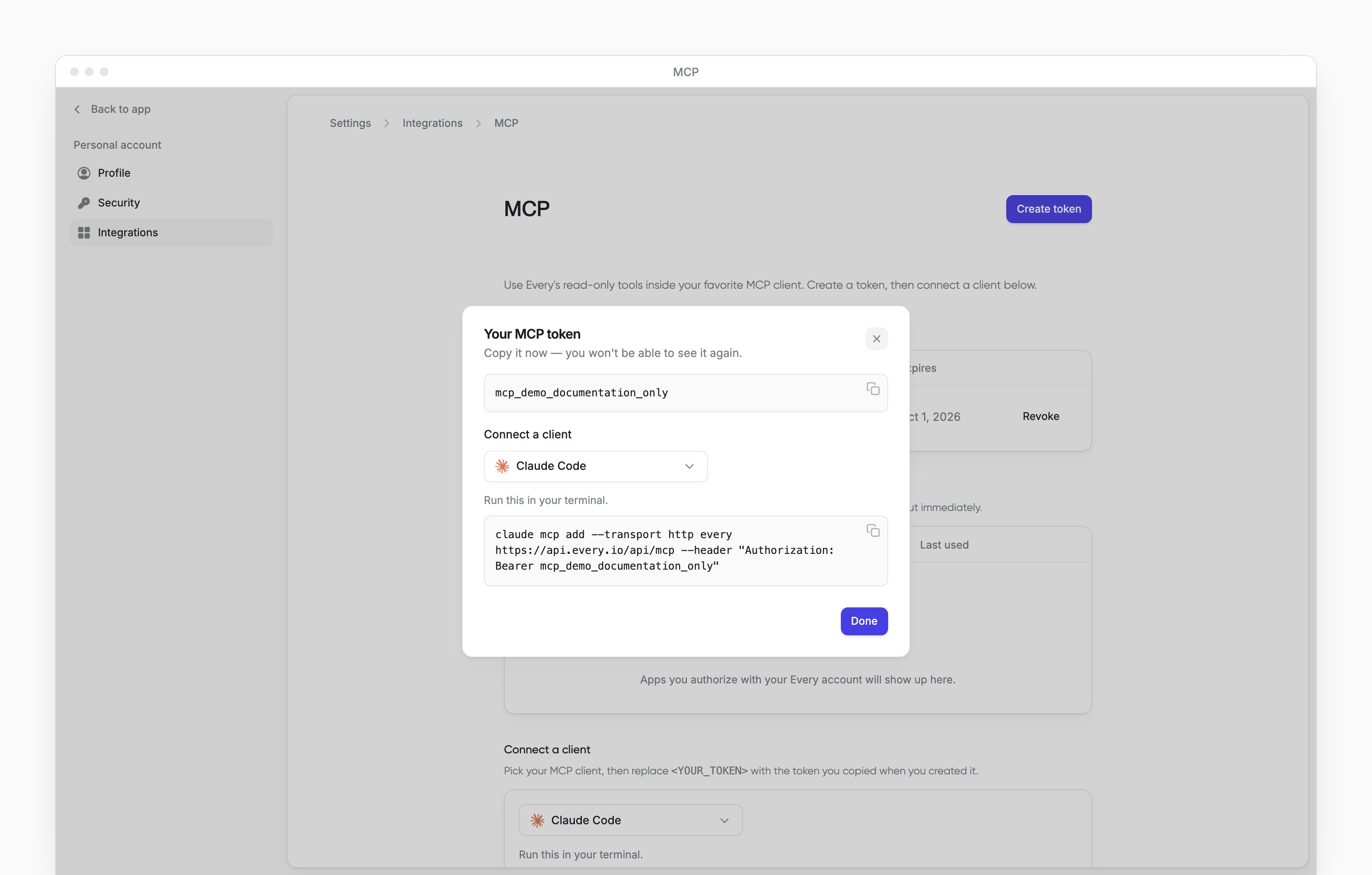 The Your MCP token dialog with its copy-once token and Claude Code instructions.