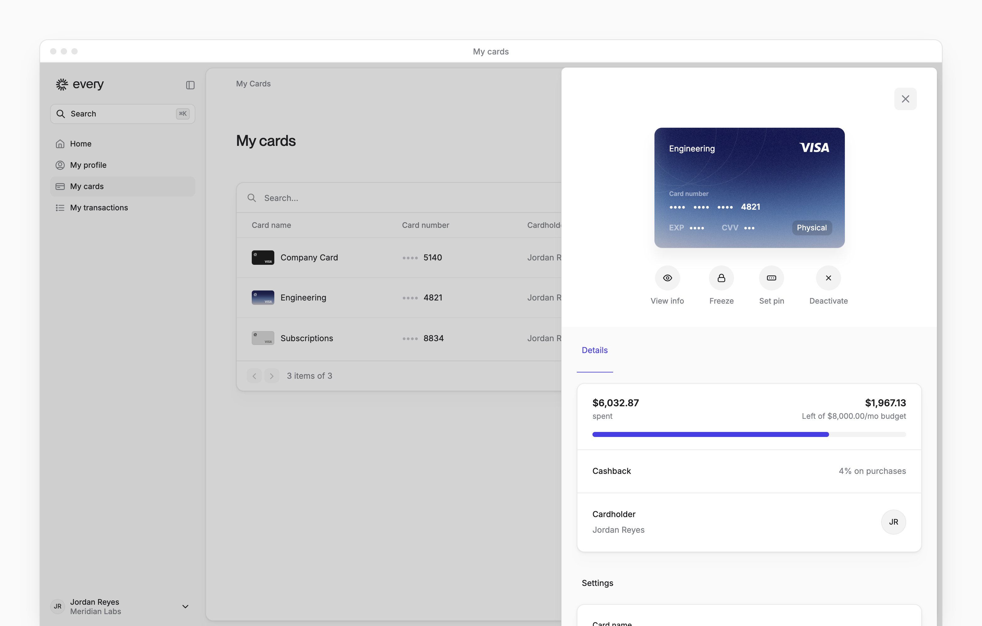 Your card's sheet on My cards, with View info, Freeze, Set pin and Deactivate, and the Details tab.