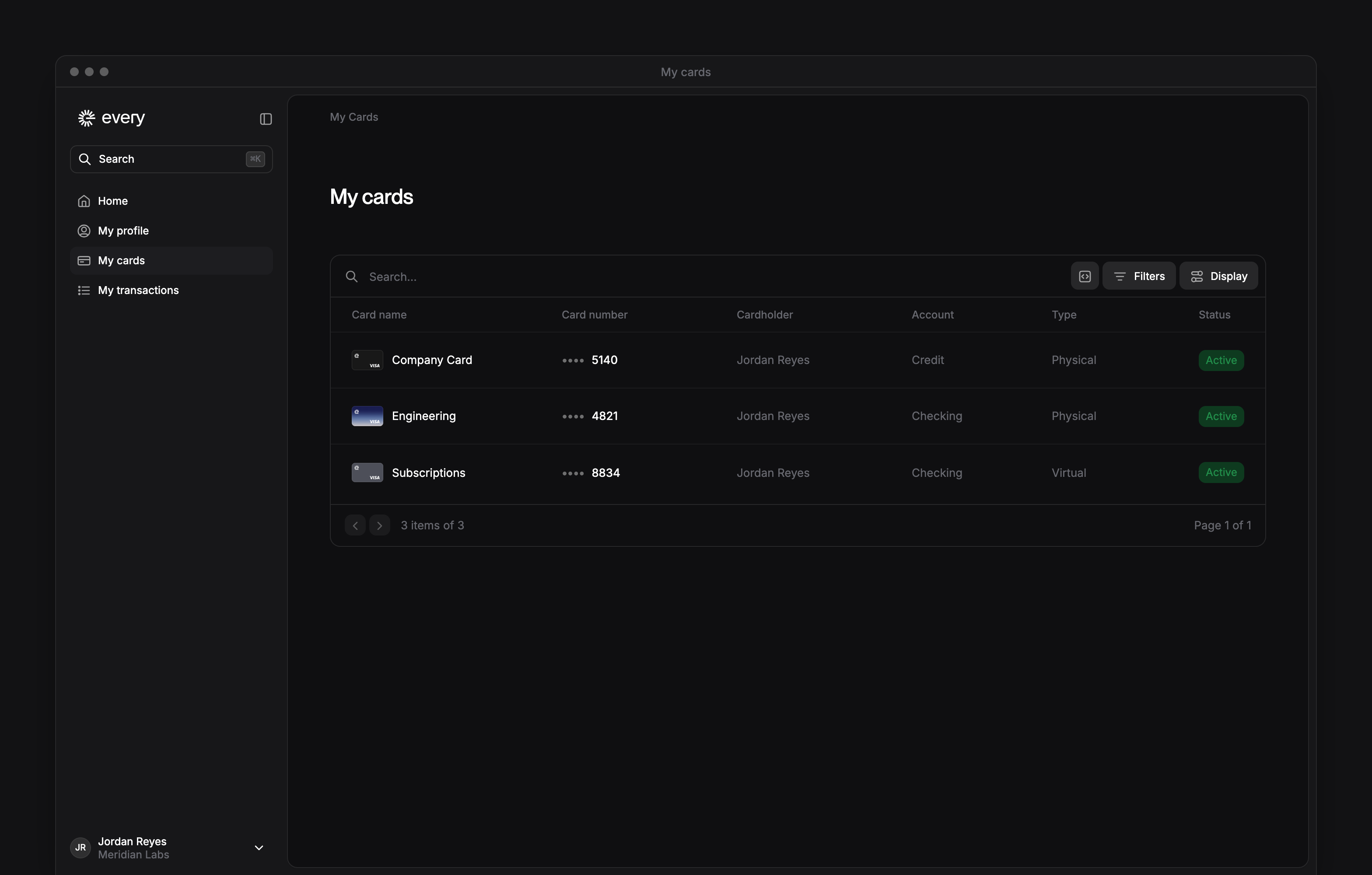 The My cards page, listing your cards with their numbers, account, type and status.