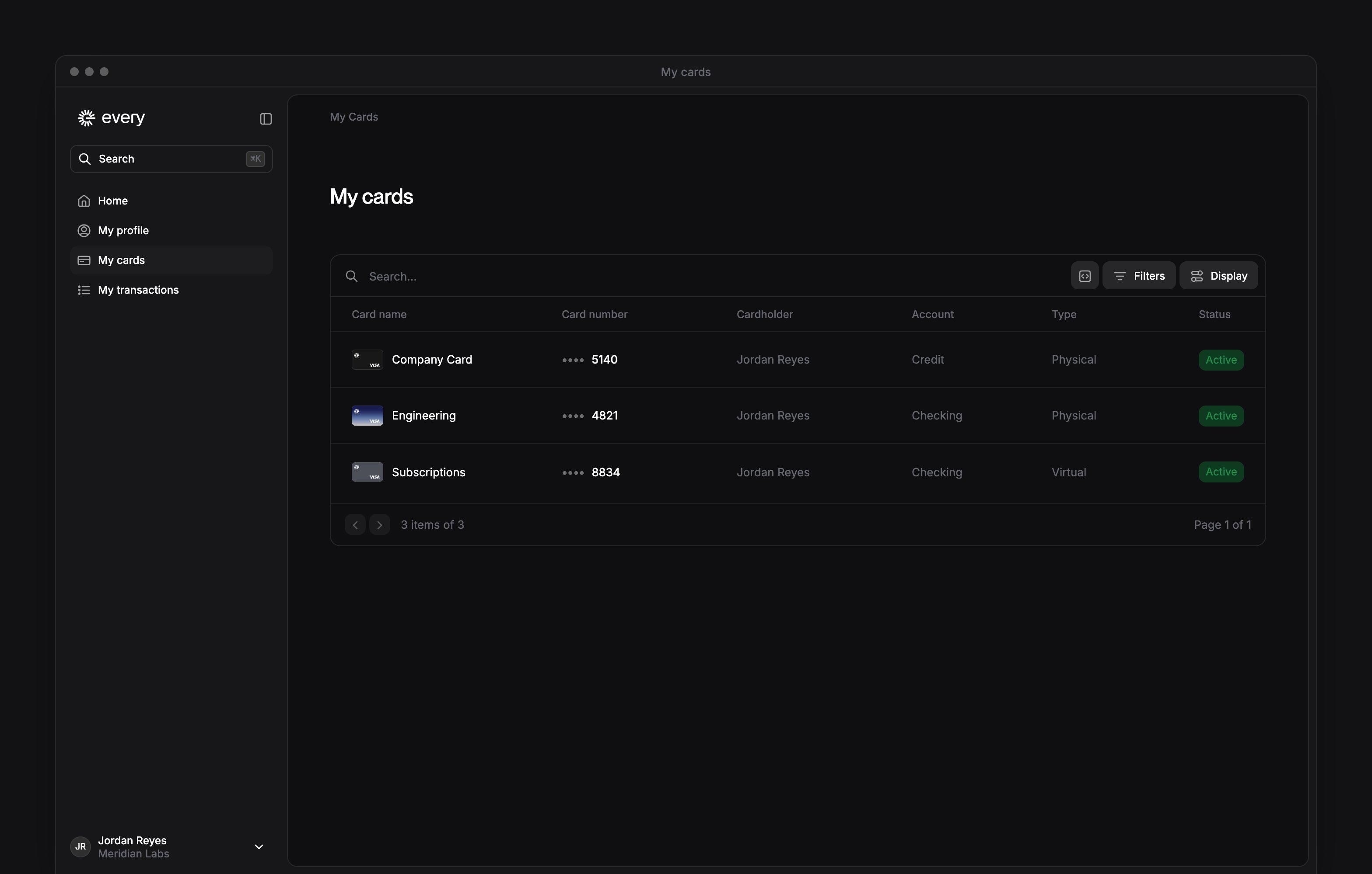 The My cards page, listing your cards with their numbers, account, type and status.