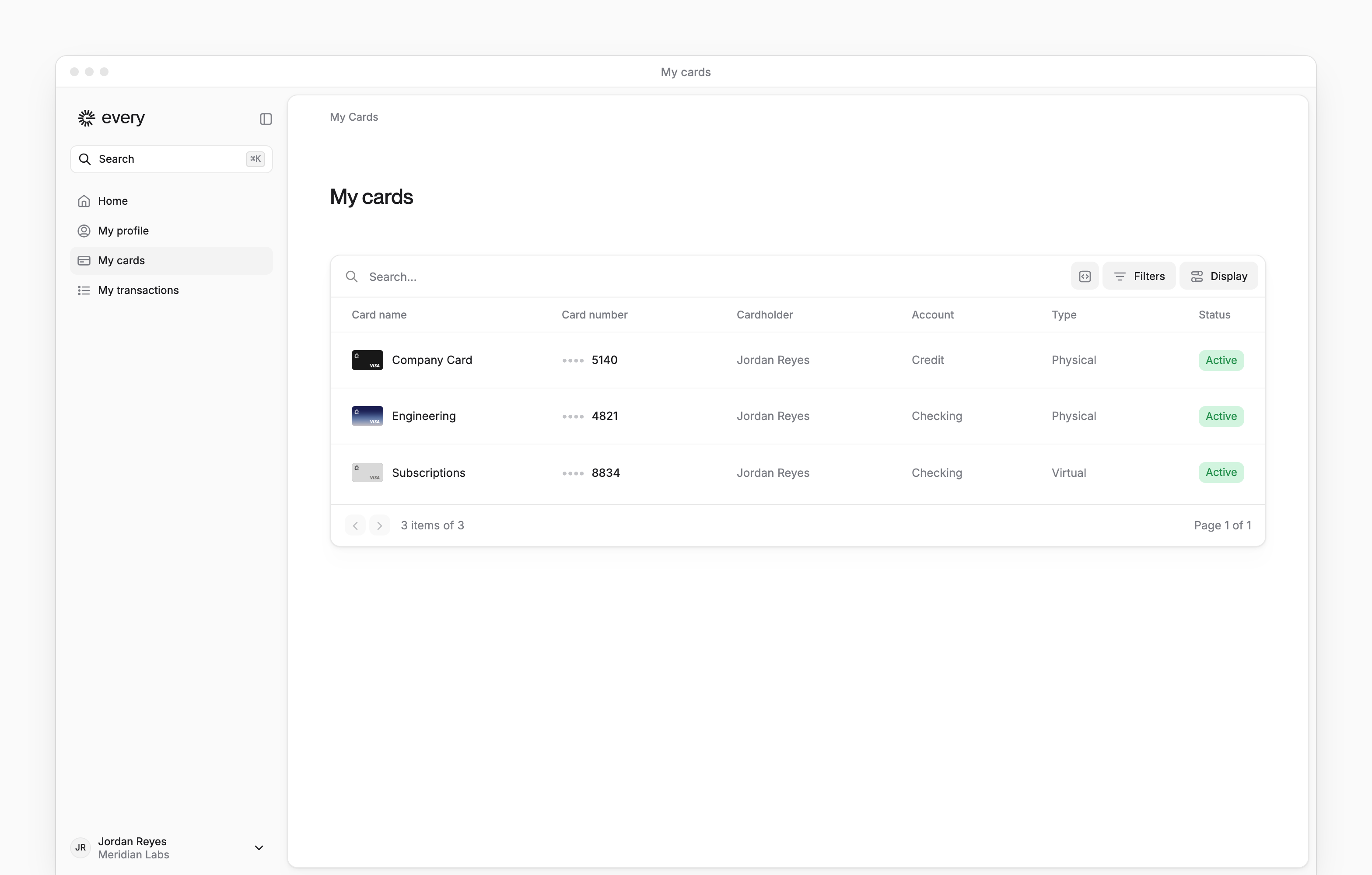 The My cards page, listing your cards with their numbers, account, type and status.