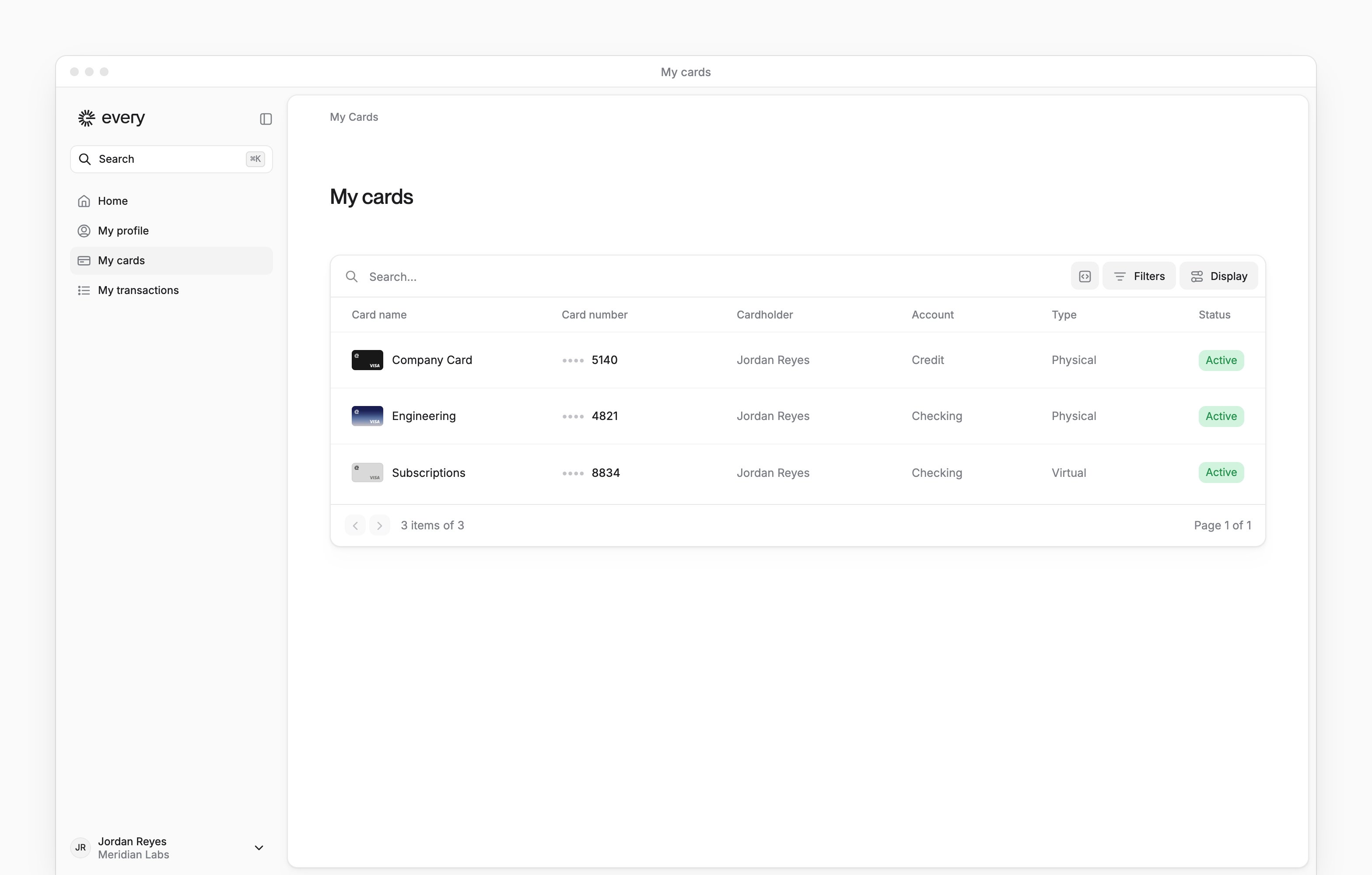 The My cards page, listing your cards with their numbers, account, type and status.