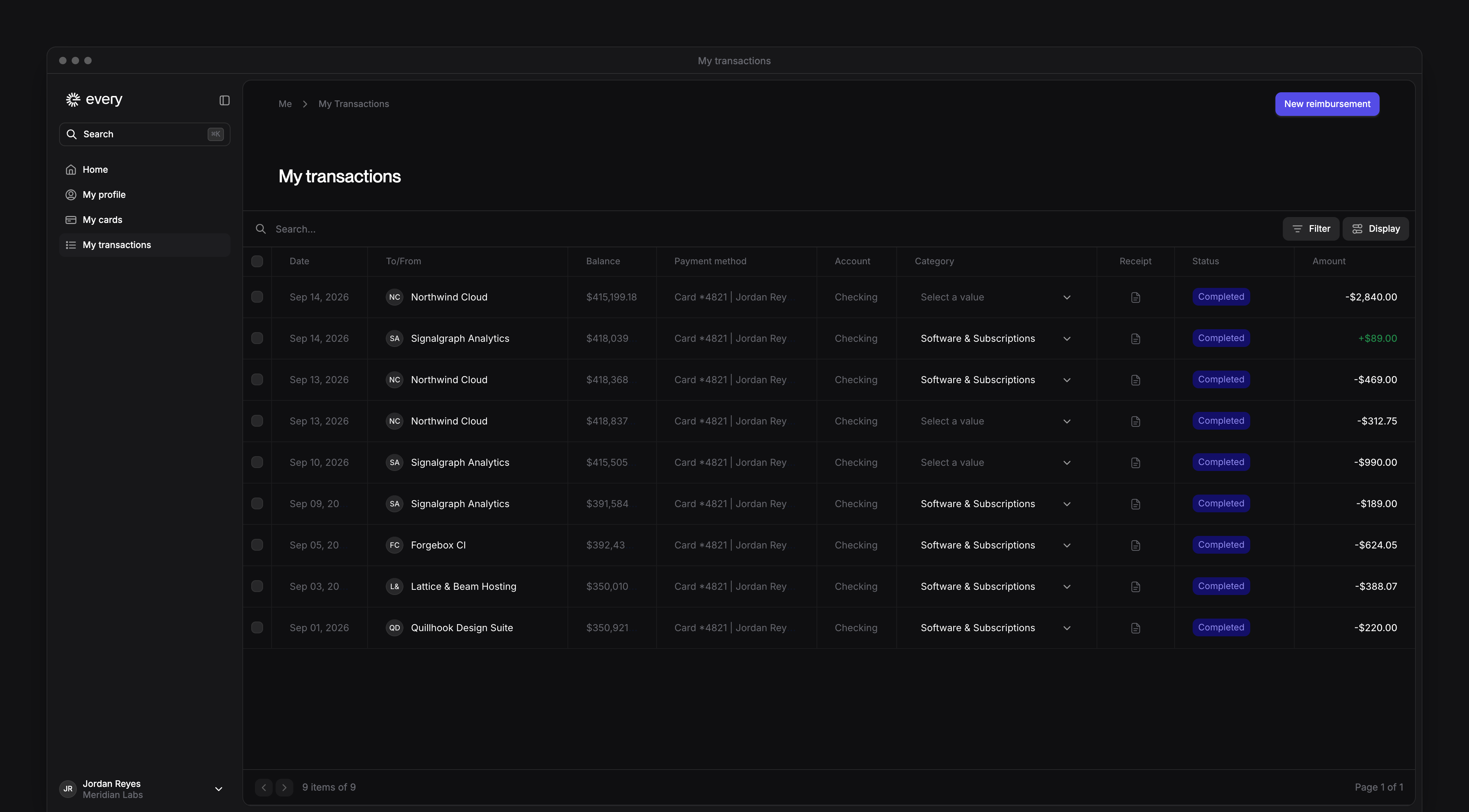 The My transactions page, listing your card purchases with their category and amount, and New reimbursement.