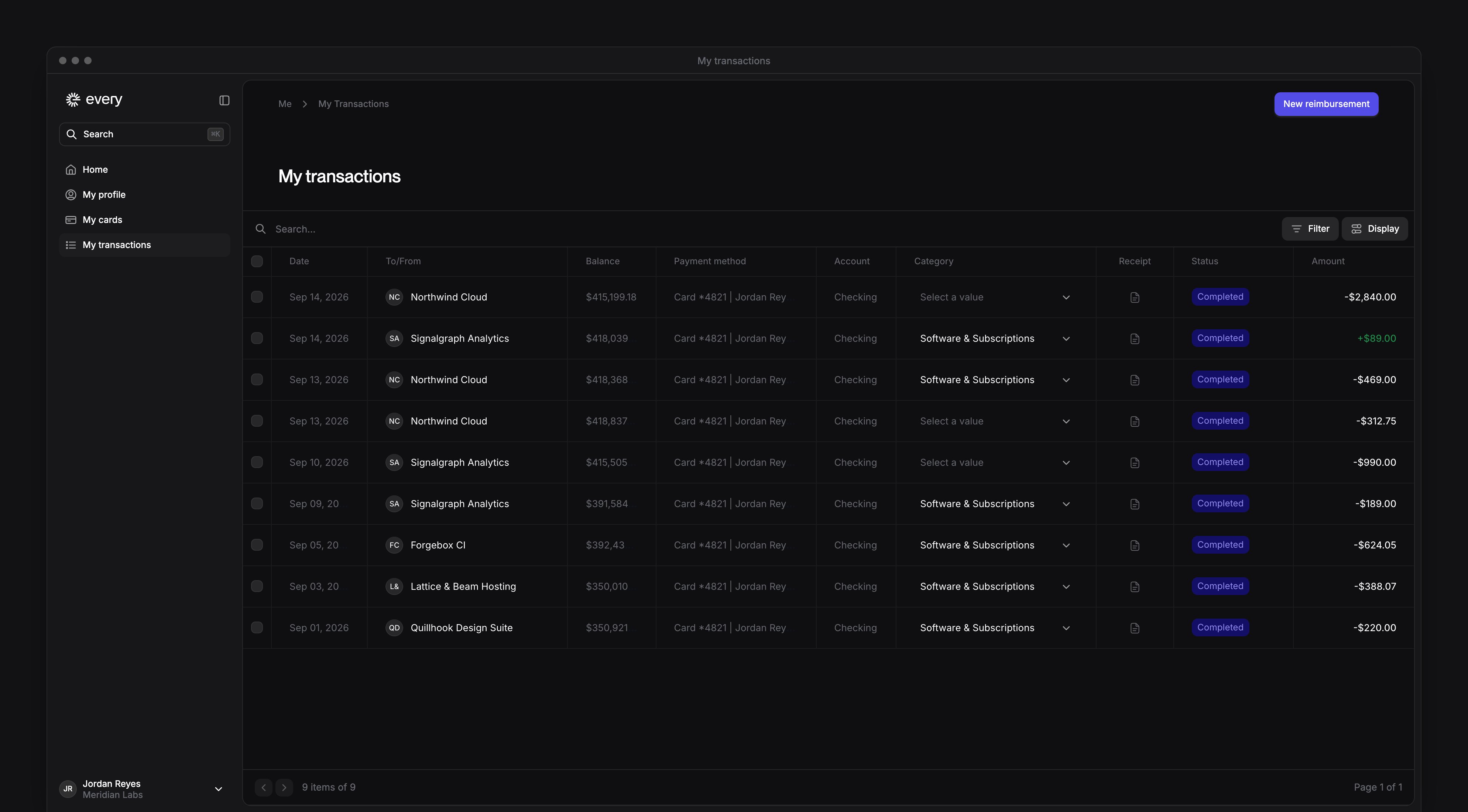 The My transactions page, listing your card purchases with their category and amount, and New reimbursement.