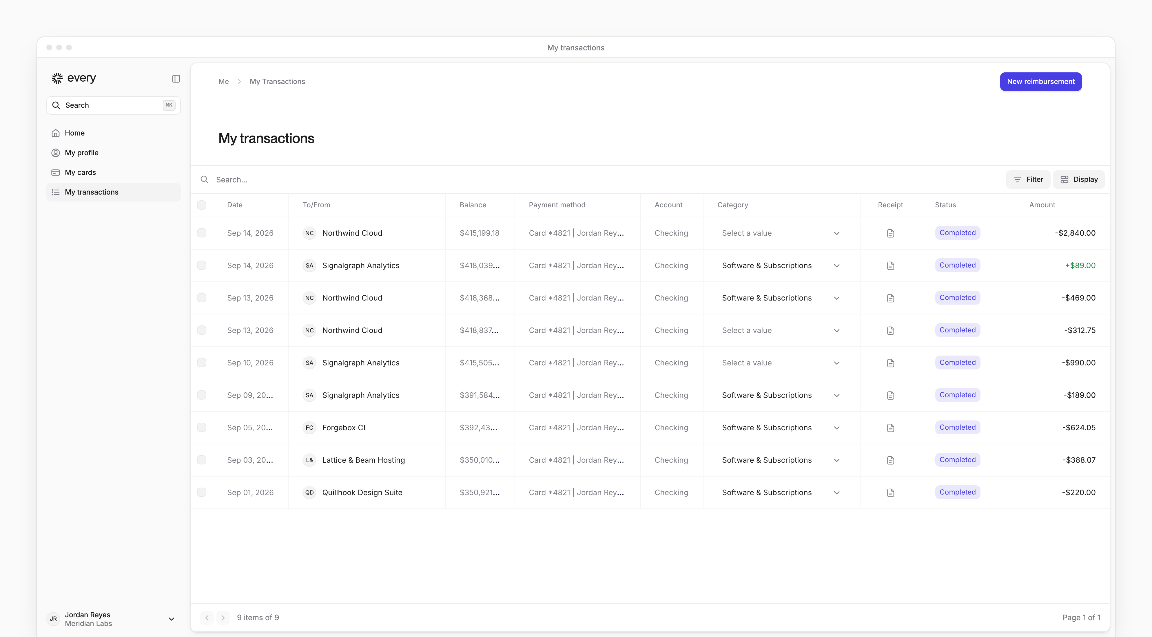 The My transactions page, listing your card purchases with their category and amount, and New reimbursement.