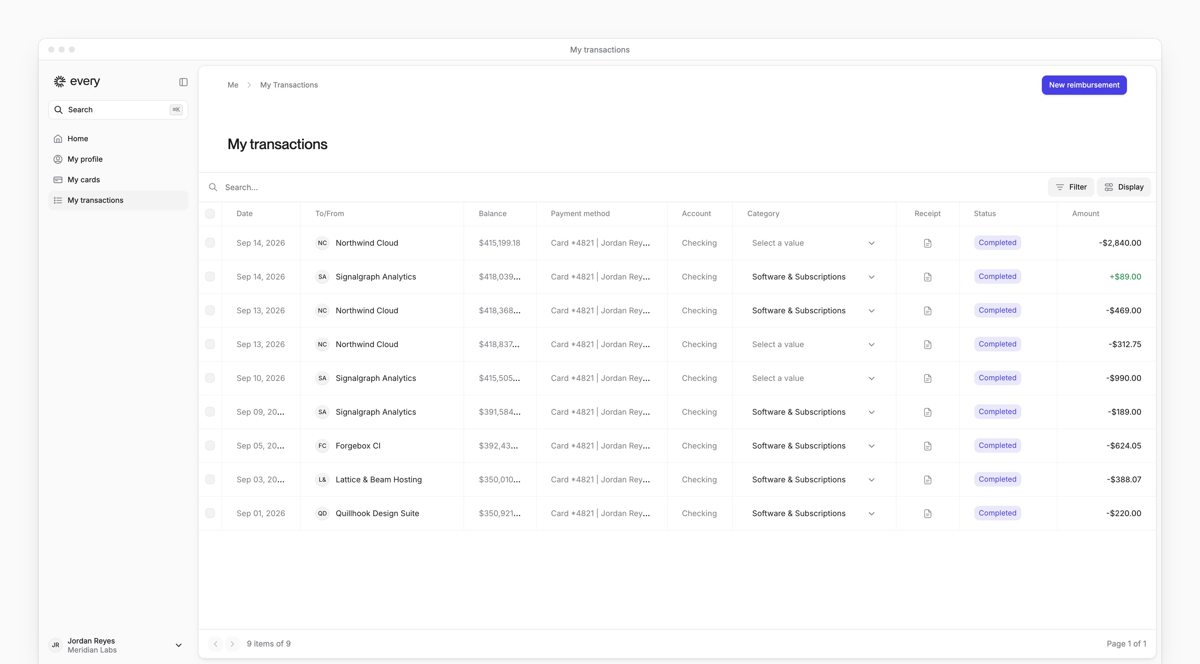 The My transactions page, listing your card purchases with their category and amount, and New reimbursement.
