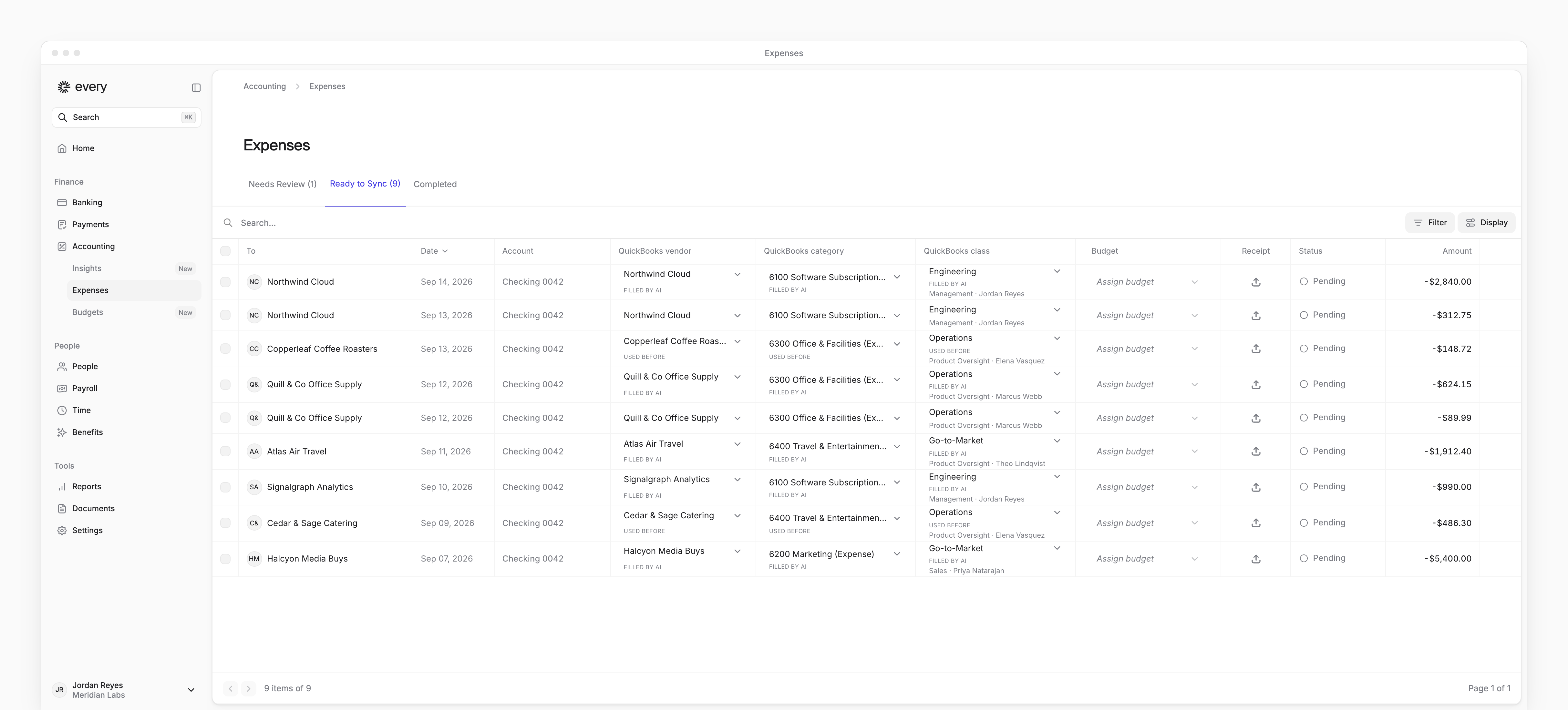 Expenses on Ready to Sync, with bookkeeping vendor, category, class, budget, receipt and sync status columns.