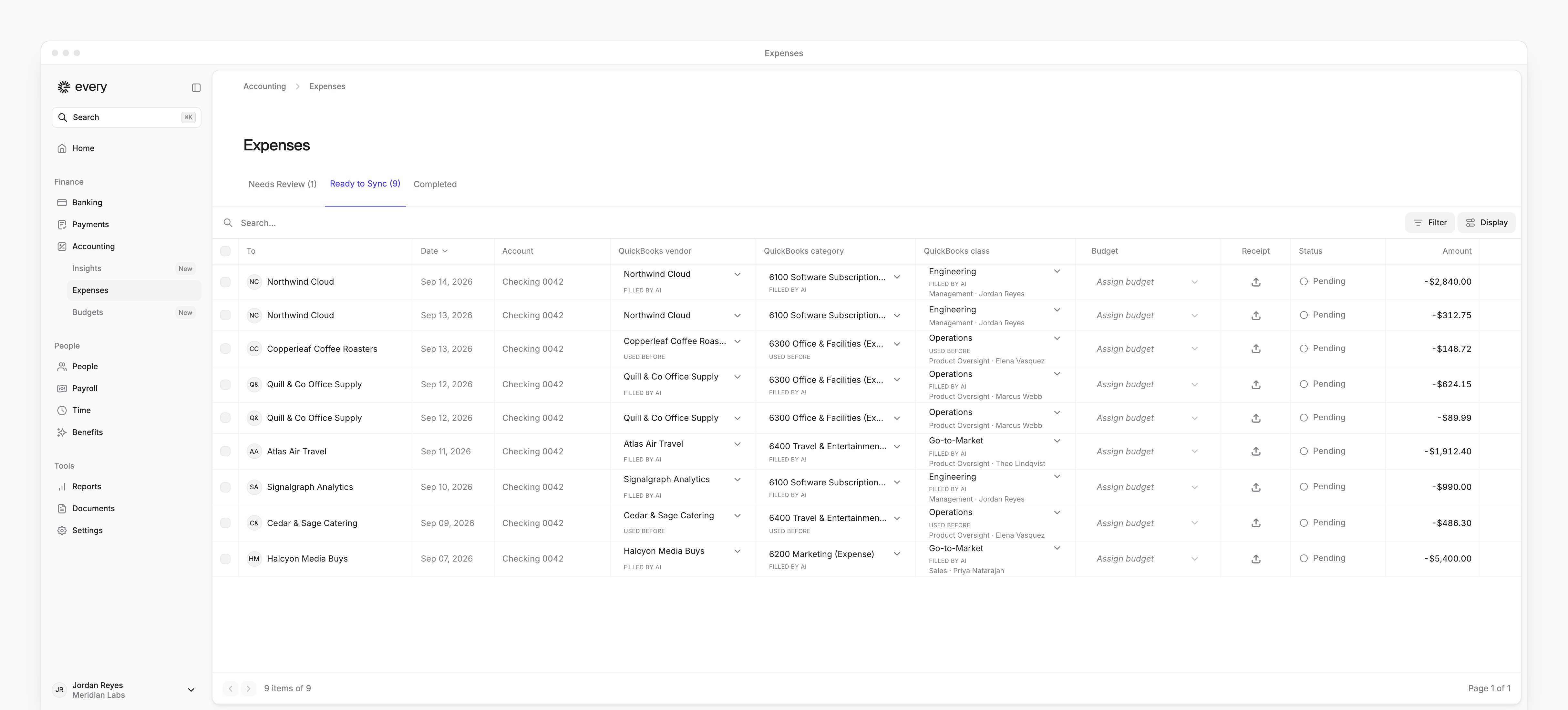 Expenses on Ready to Sync, with bookkeeping vendor, category, class, budget, receipt and sync status columns.