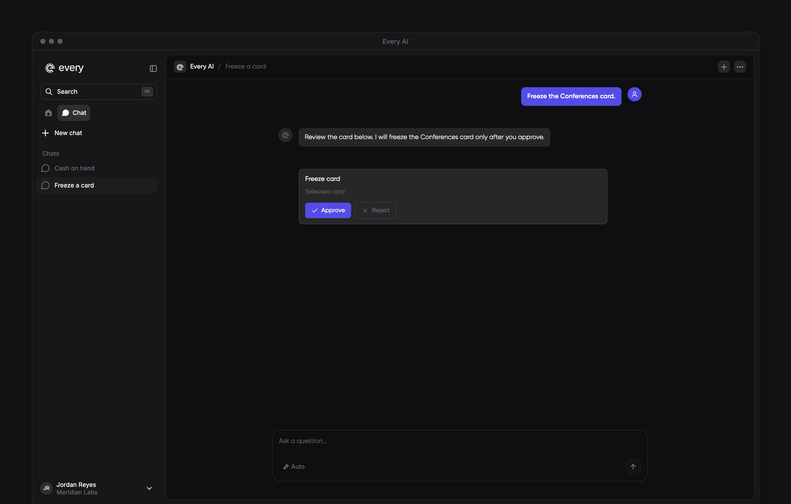 AI chat showing a Freeze card proposal with Approve and Reject controls.