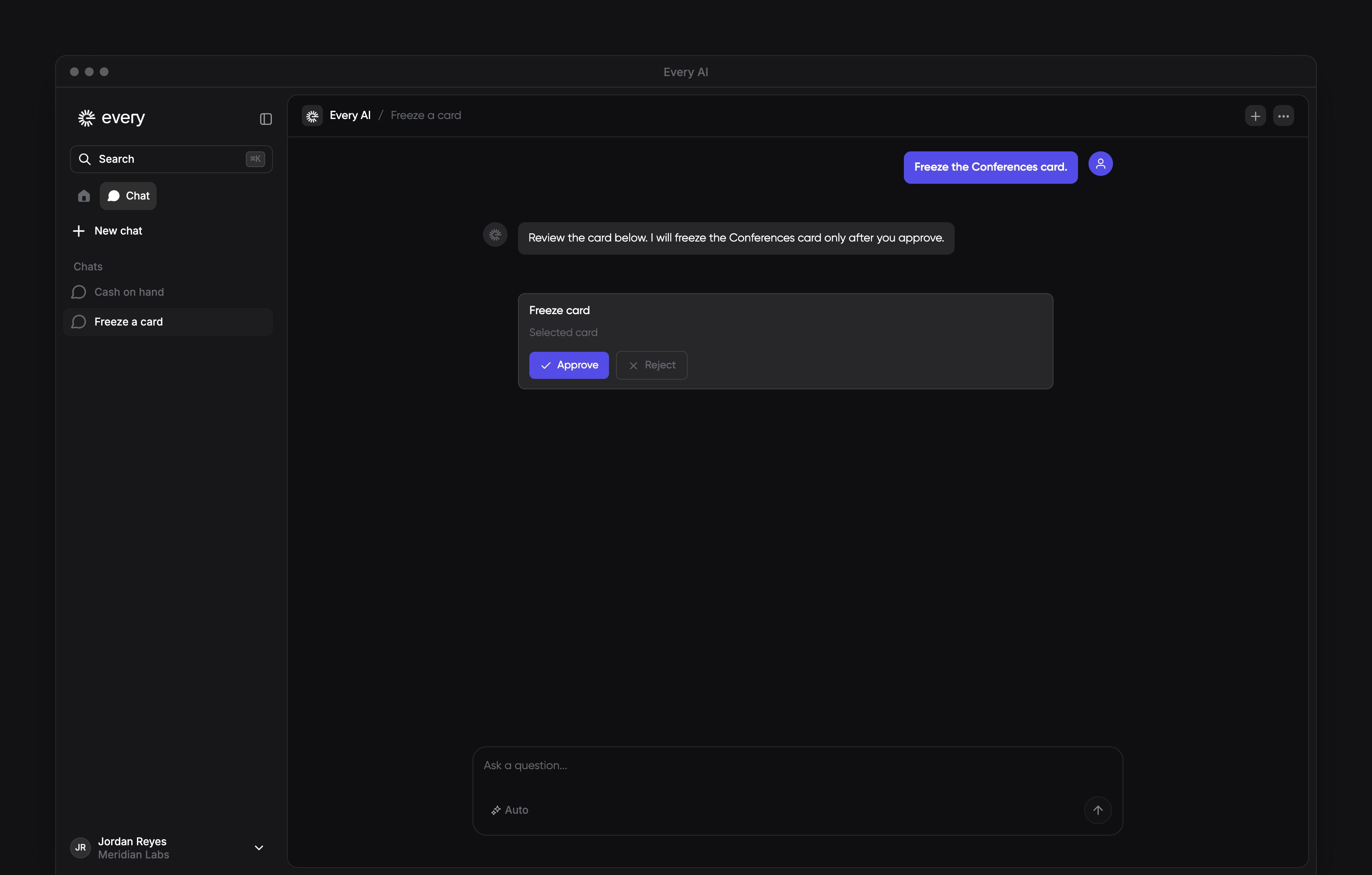 AI chat showing a Freeze card proposal with Approve and Reject controls.