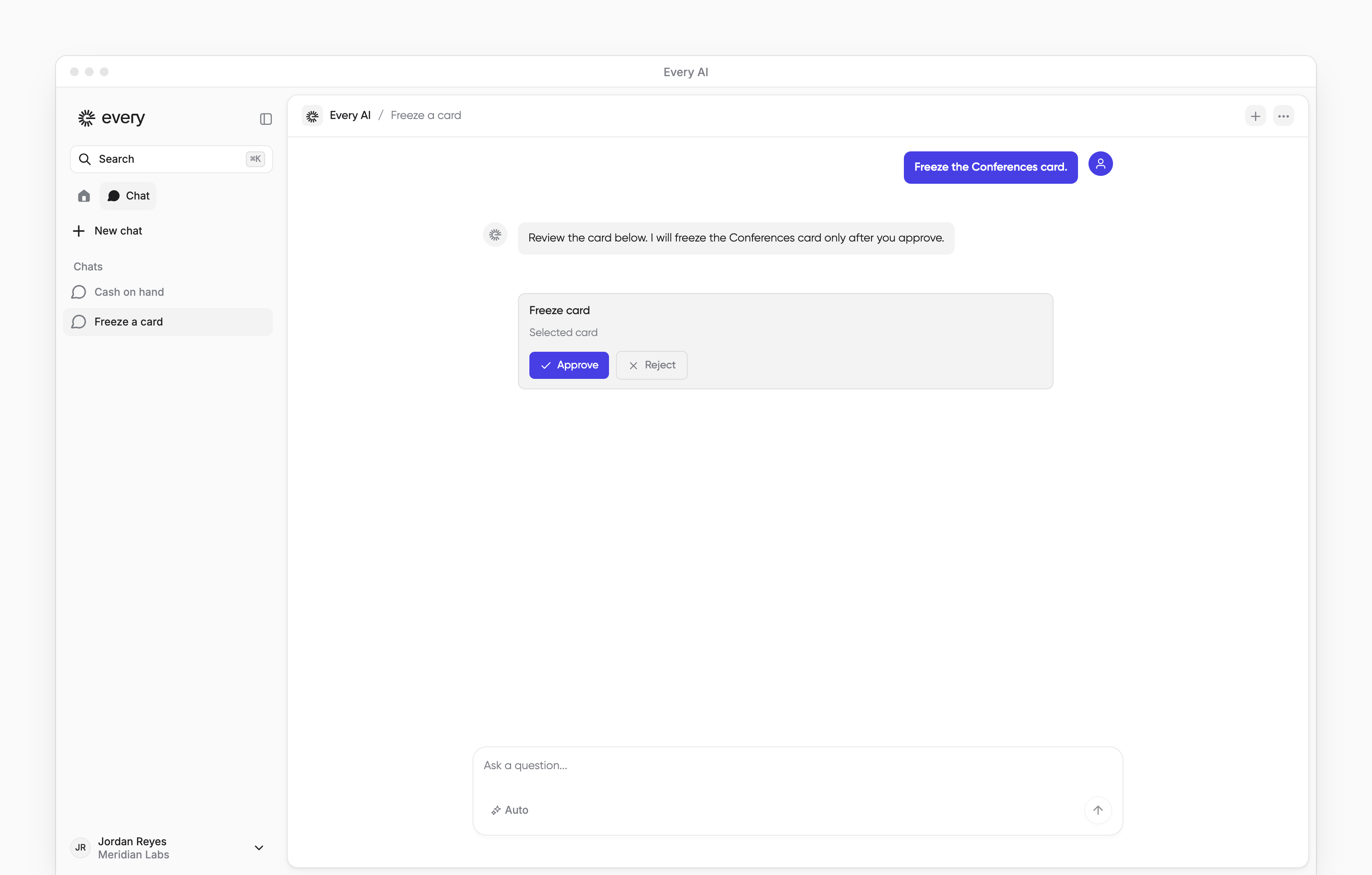 AI chat showing a Freeze card proposal with Approve and Reject controls.