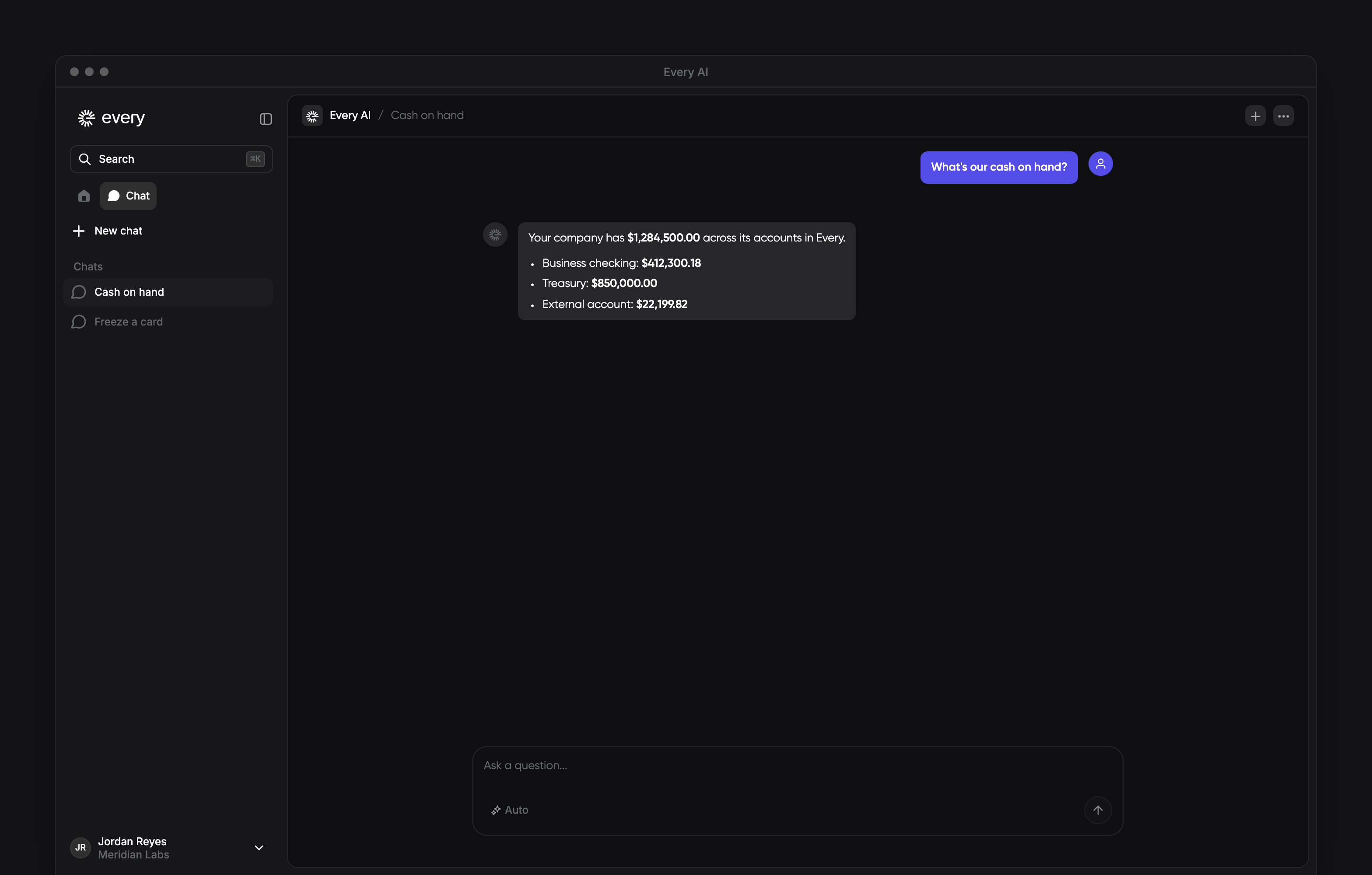 AI chat answering a company cash question, with the chat sidebar visible.