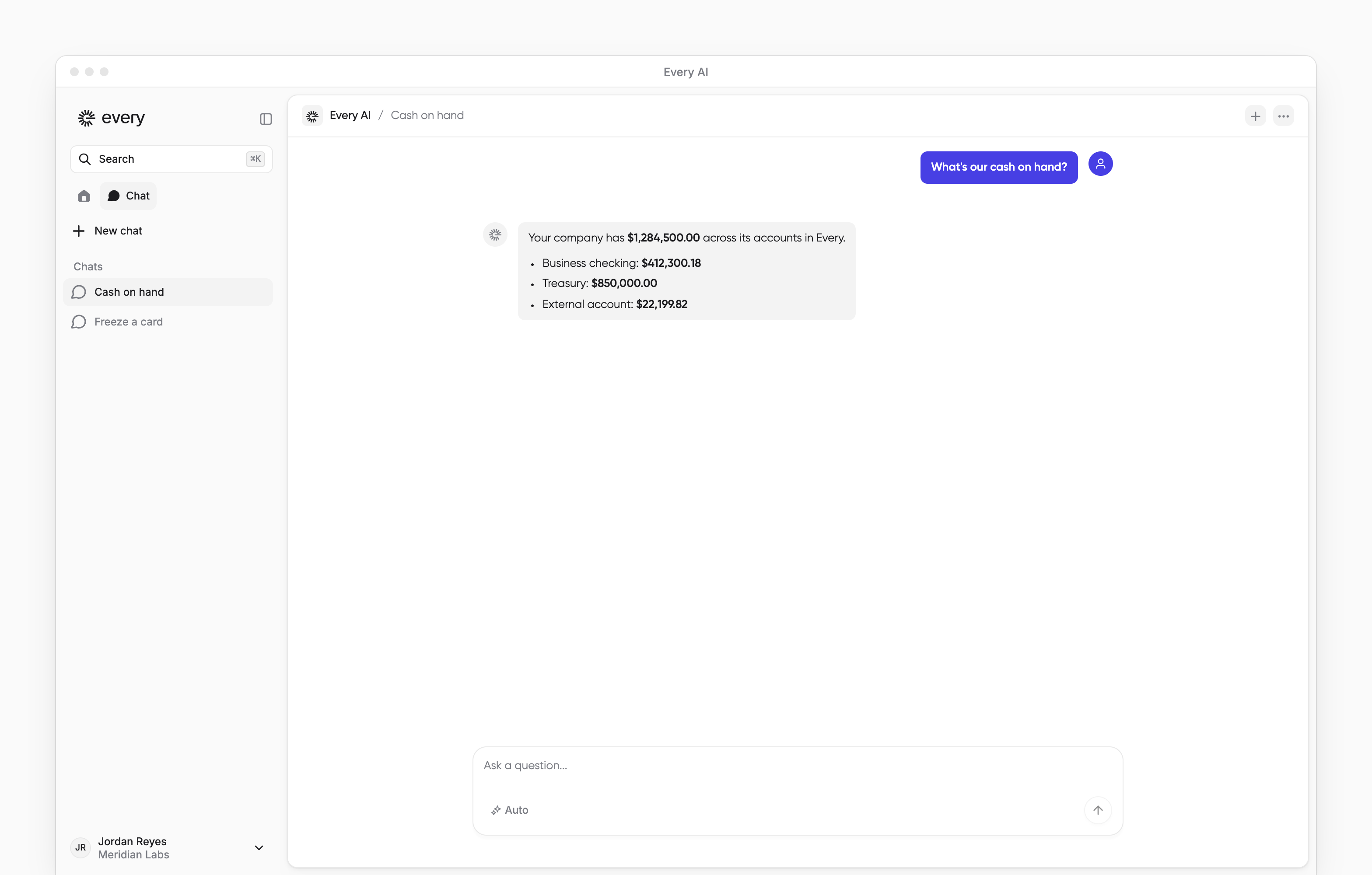 AI chat answering a company cash question, with the chat sidebar visible.