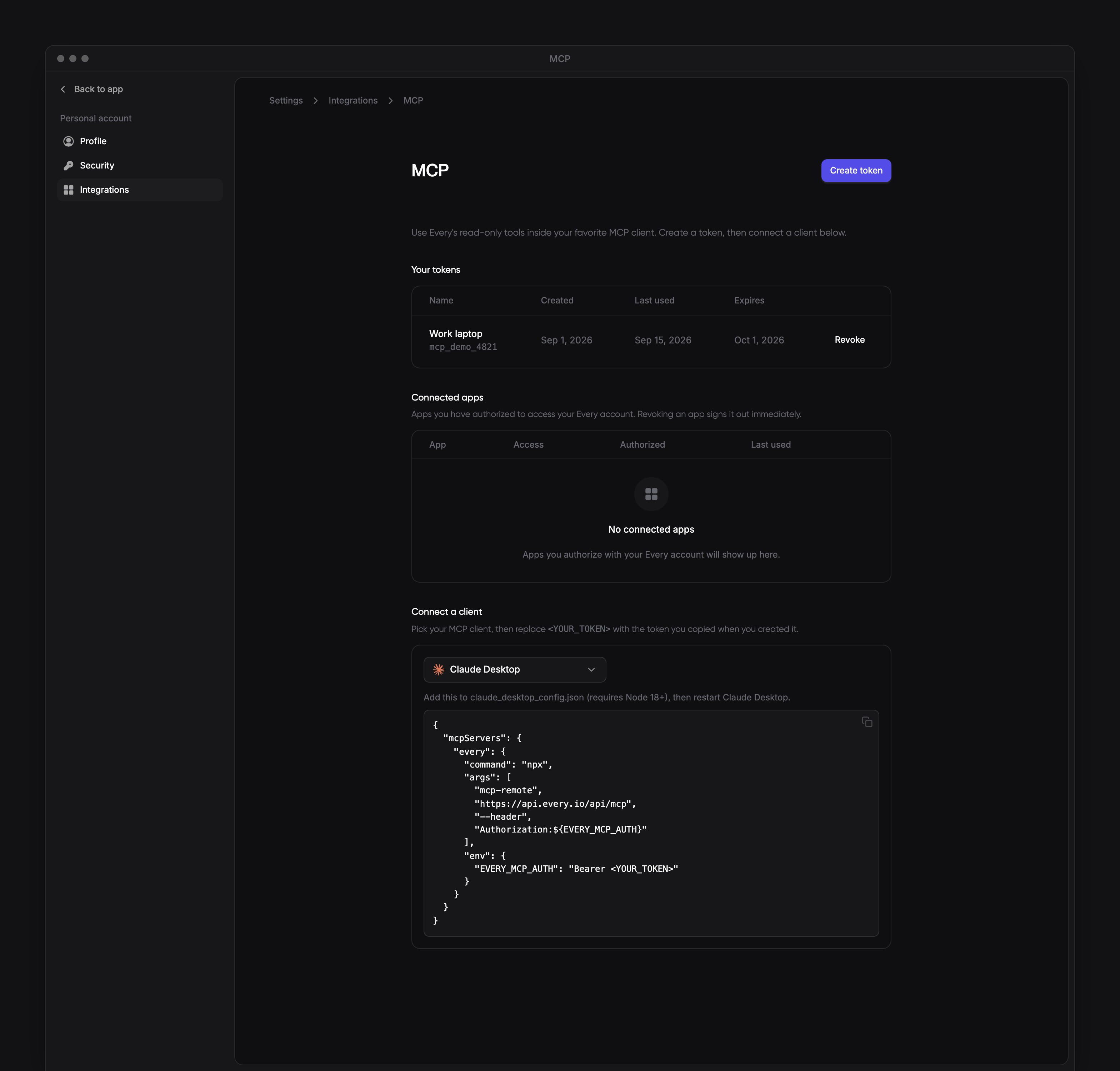 MCP settings showing Claude Desktop configuration, with the app sidebar visible.