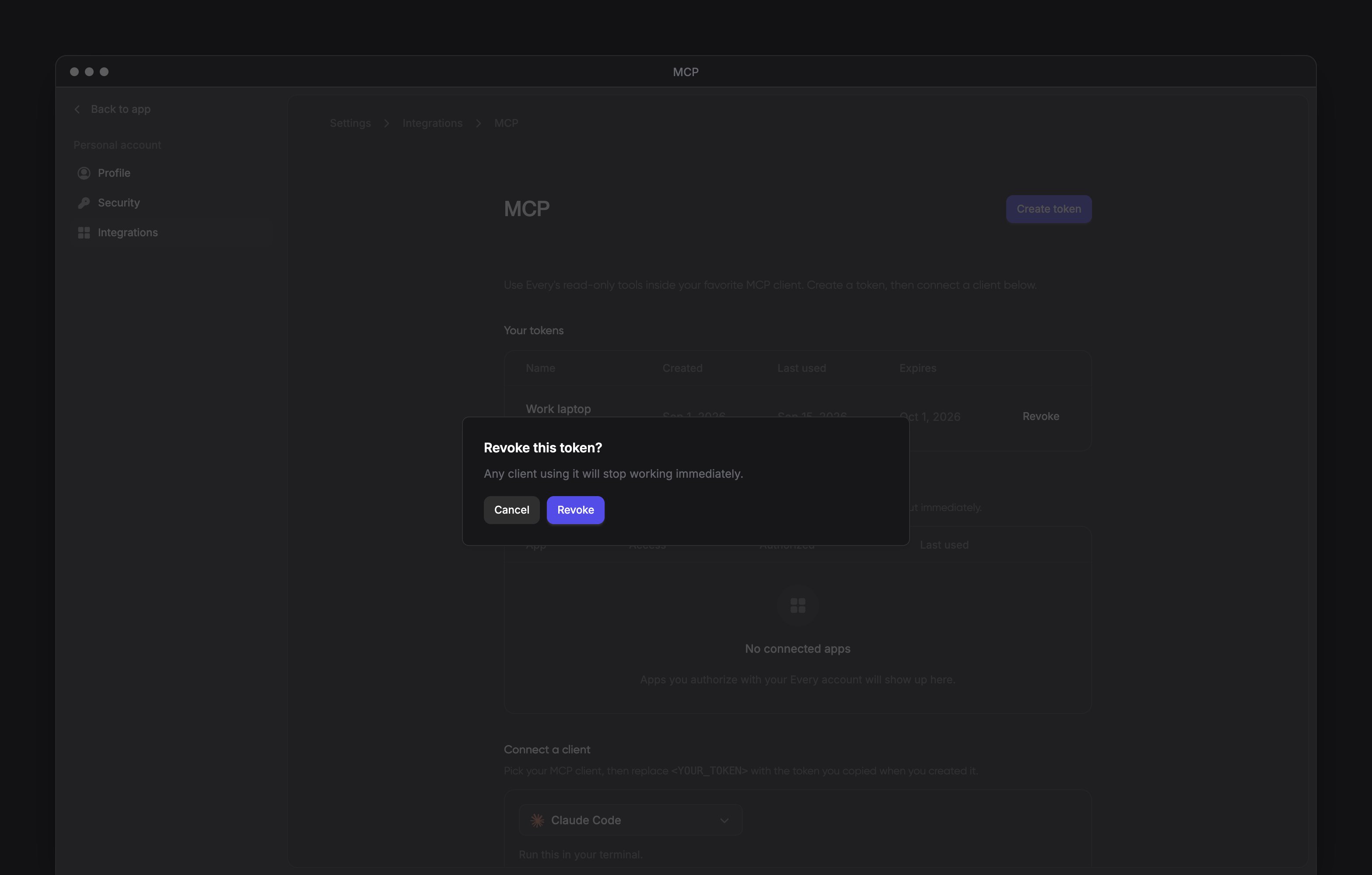 The Revoke this token confirmation over MCP settings, with the app sidebar visible.