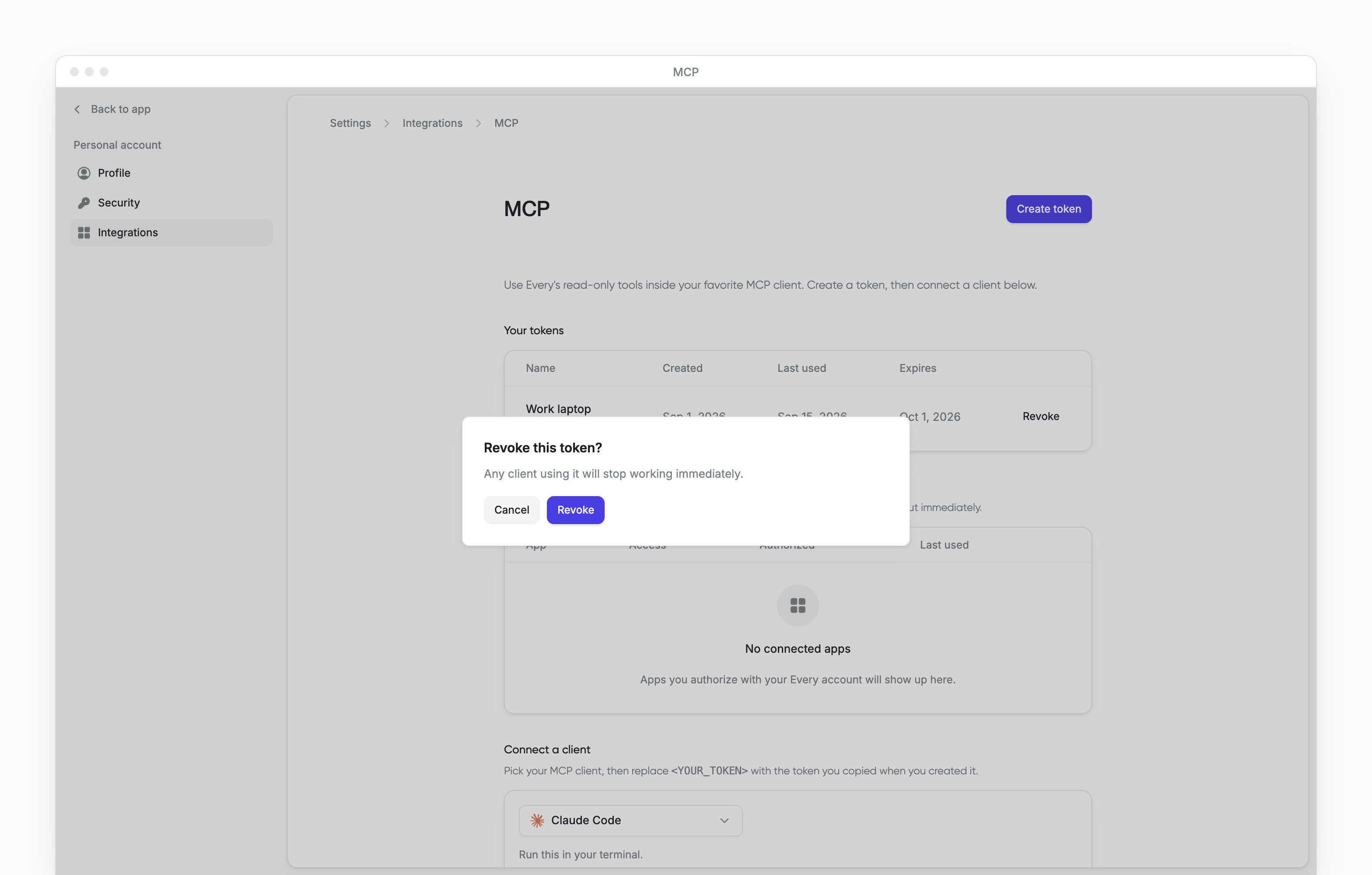The Revoke this token confirmation over MCP settings, with the app sidebar visible.