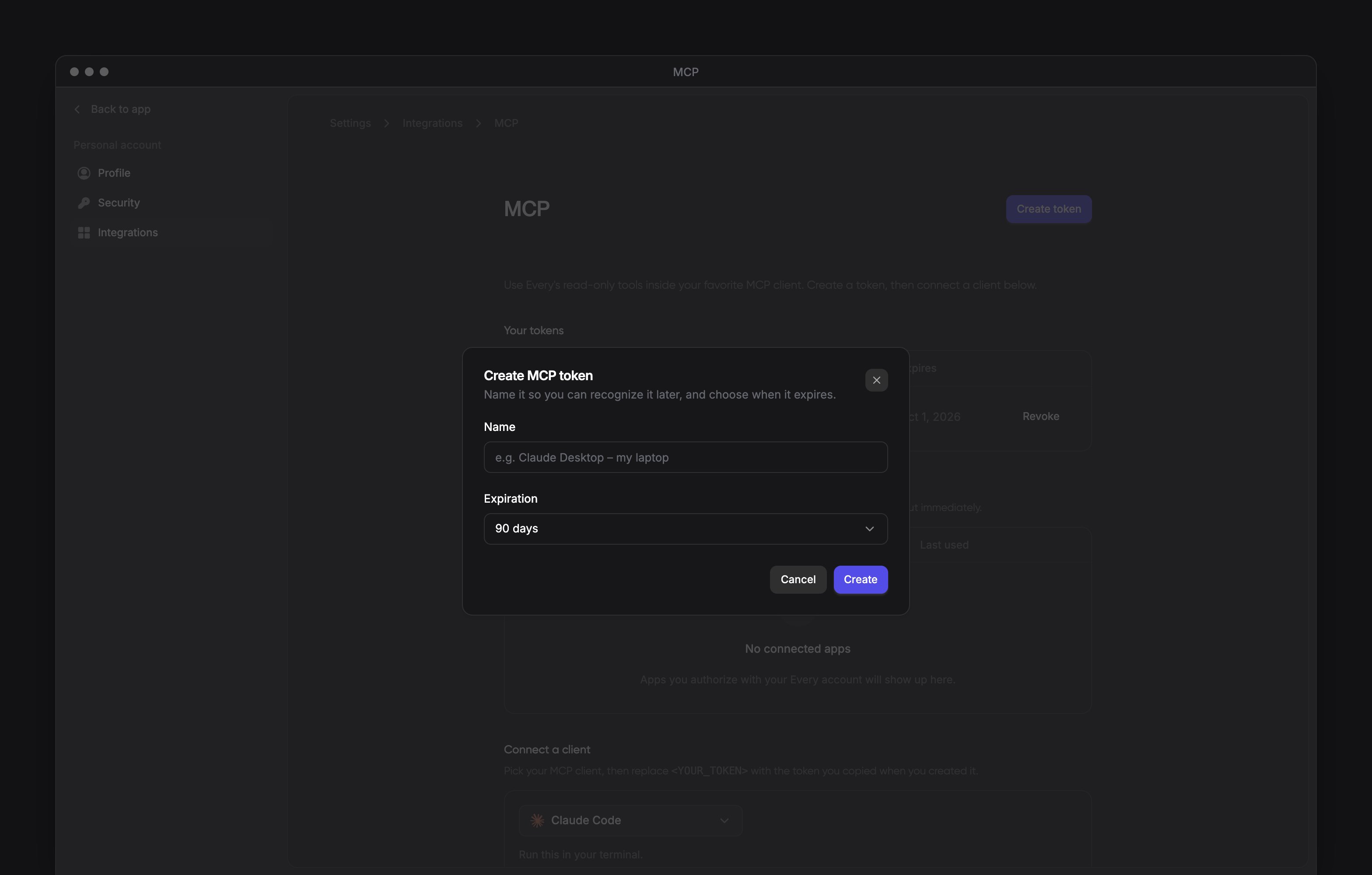 The Create MCP token dialog asking for a name and expiration, with the app sidebar visible.