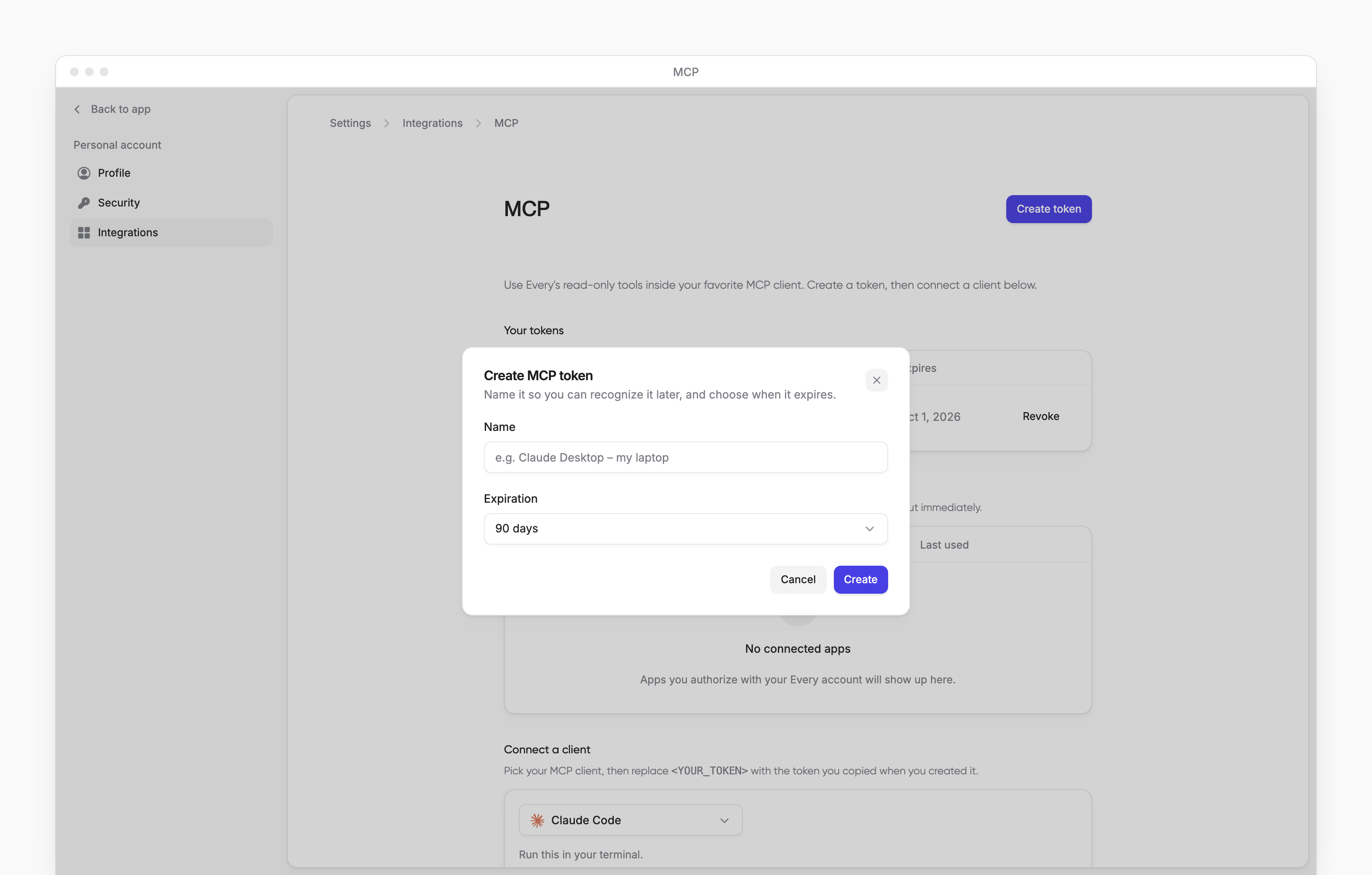 The Create MCP token dialog asking for a name and expiration, with the app sidebar visible.