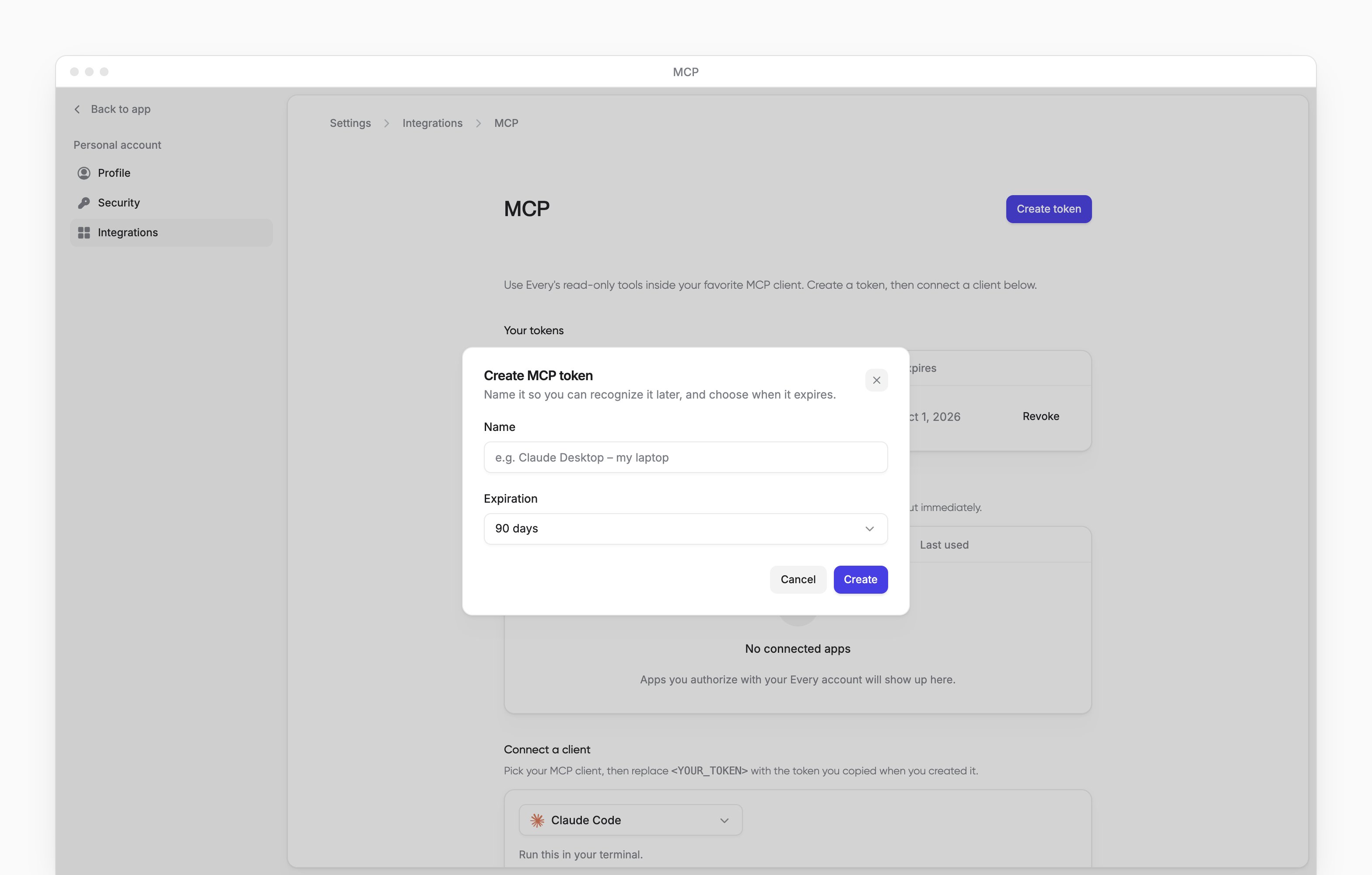The Create MCP token dialog asking for a name and expiration, with the app sidebar visible.