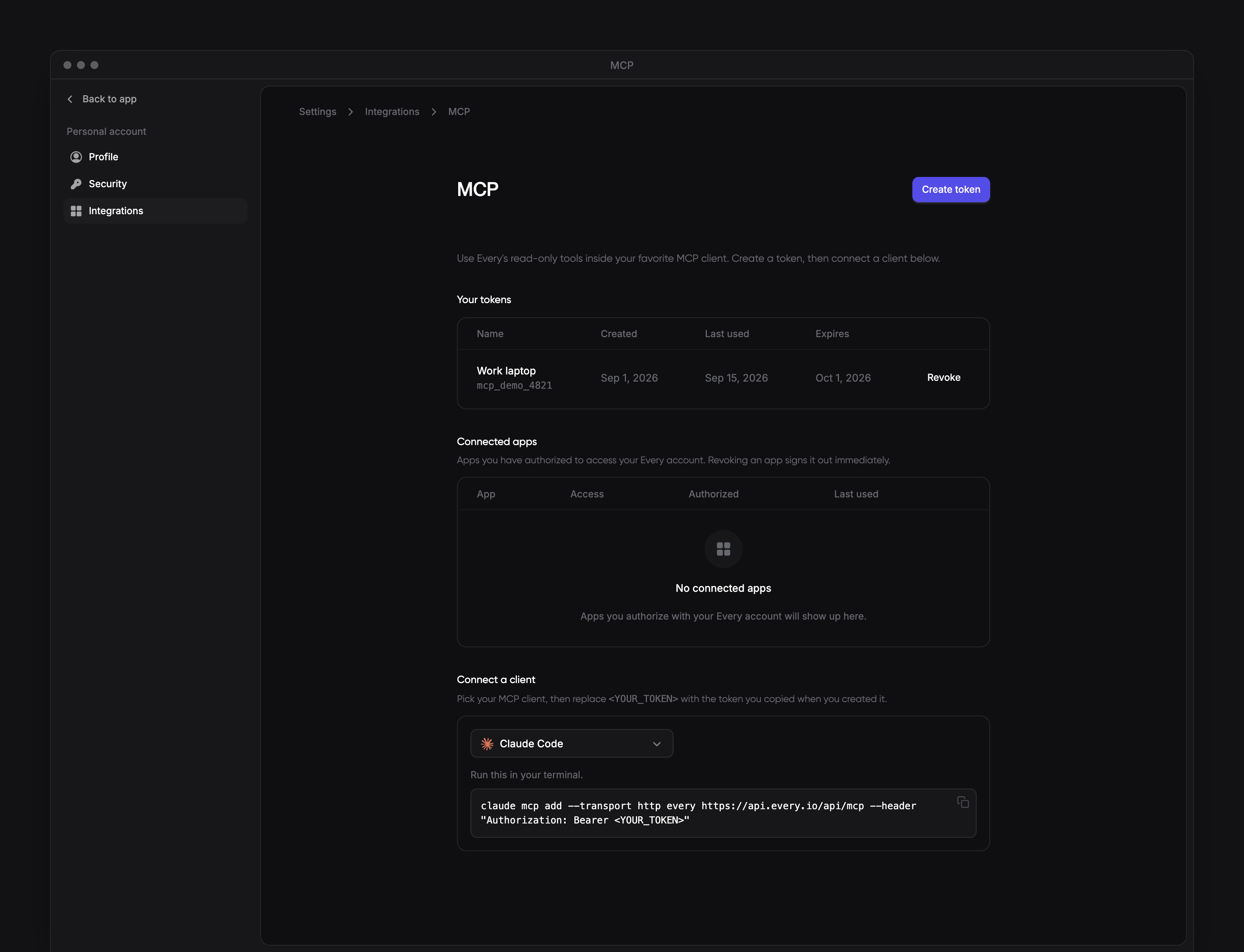 MCP settings with Your tokens and Connect a client, beside the app sidebar.