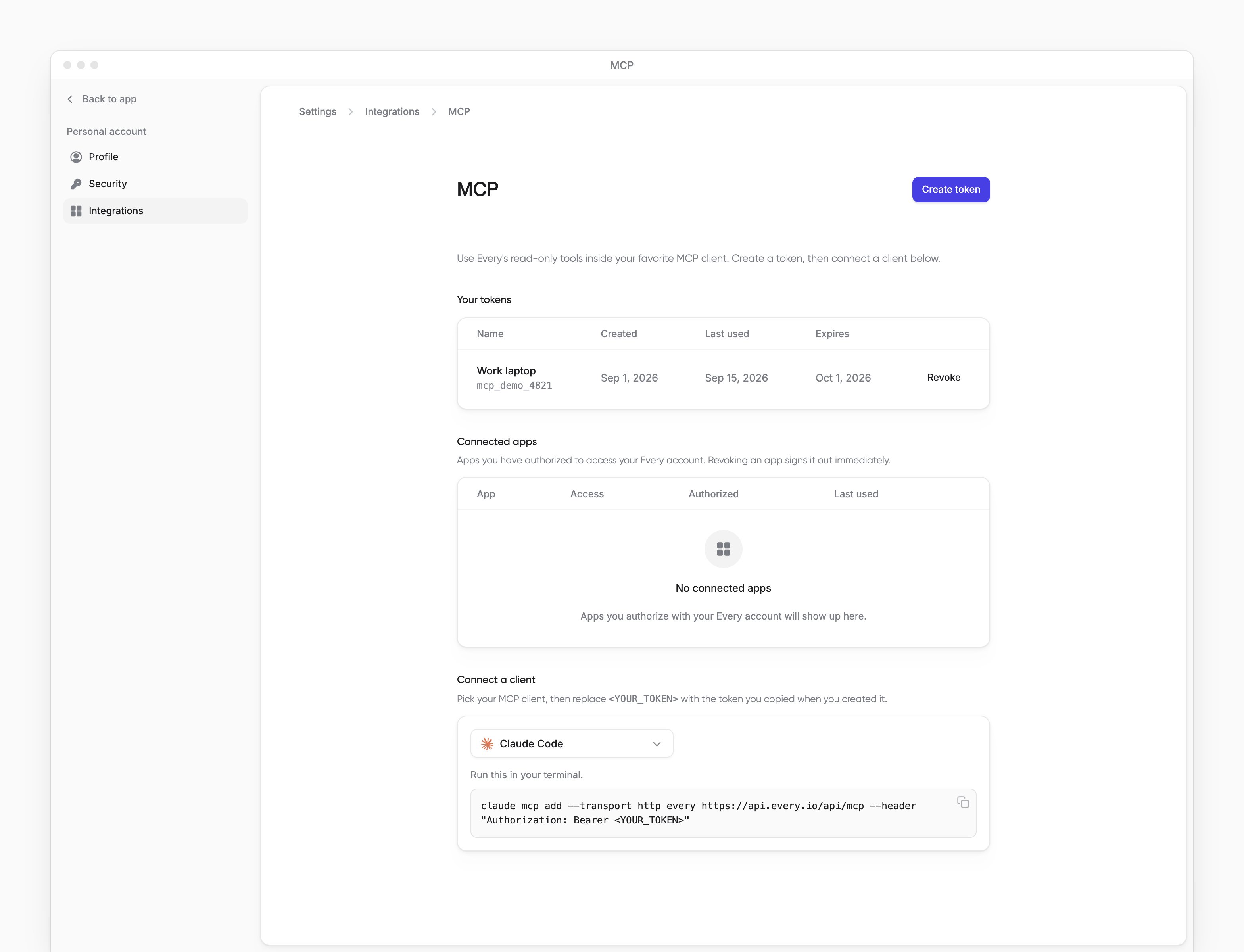 MCP settings with Your tokens and Connect a client, beside the app sidebar.