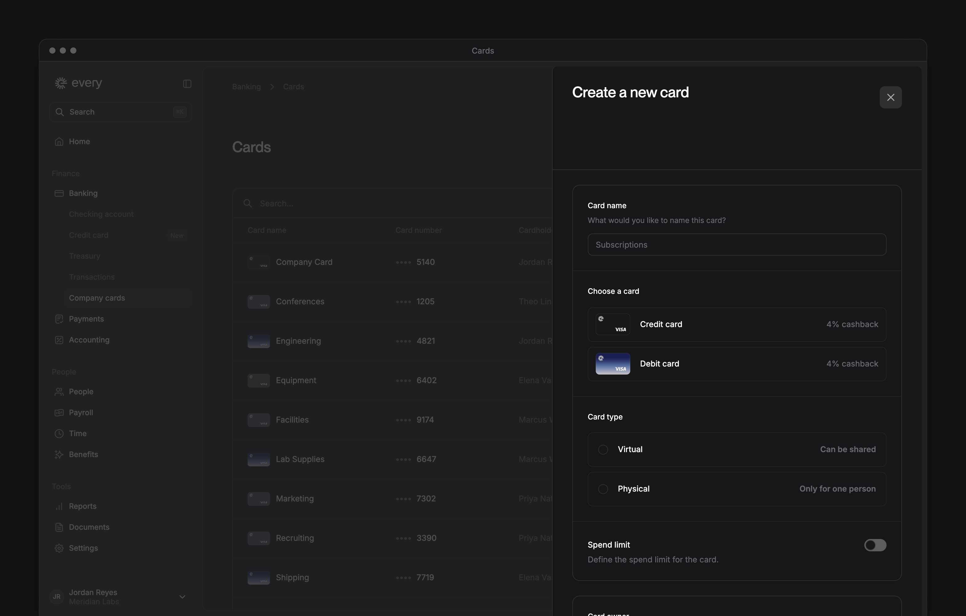 The Create a new card sheet, with the card name, credit or debit, card type and spend limit.