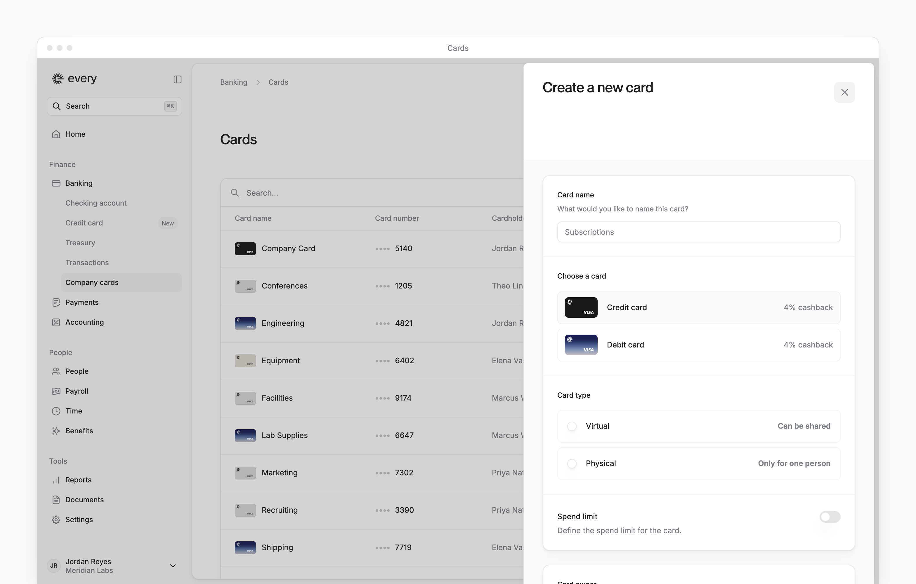 The Create a new card sheet, with the card name, credit or debit, card type and spend limit.
