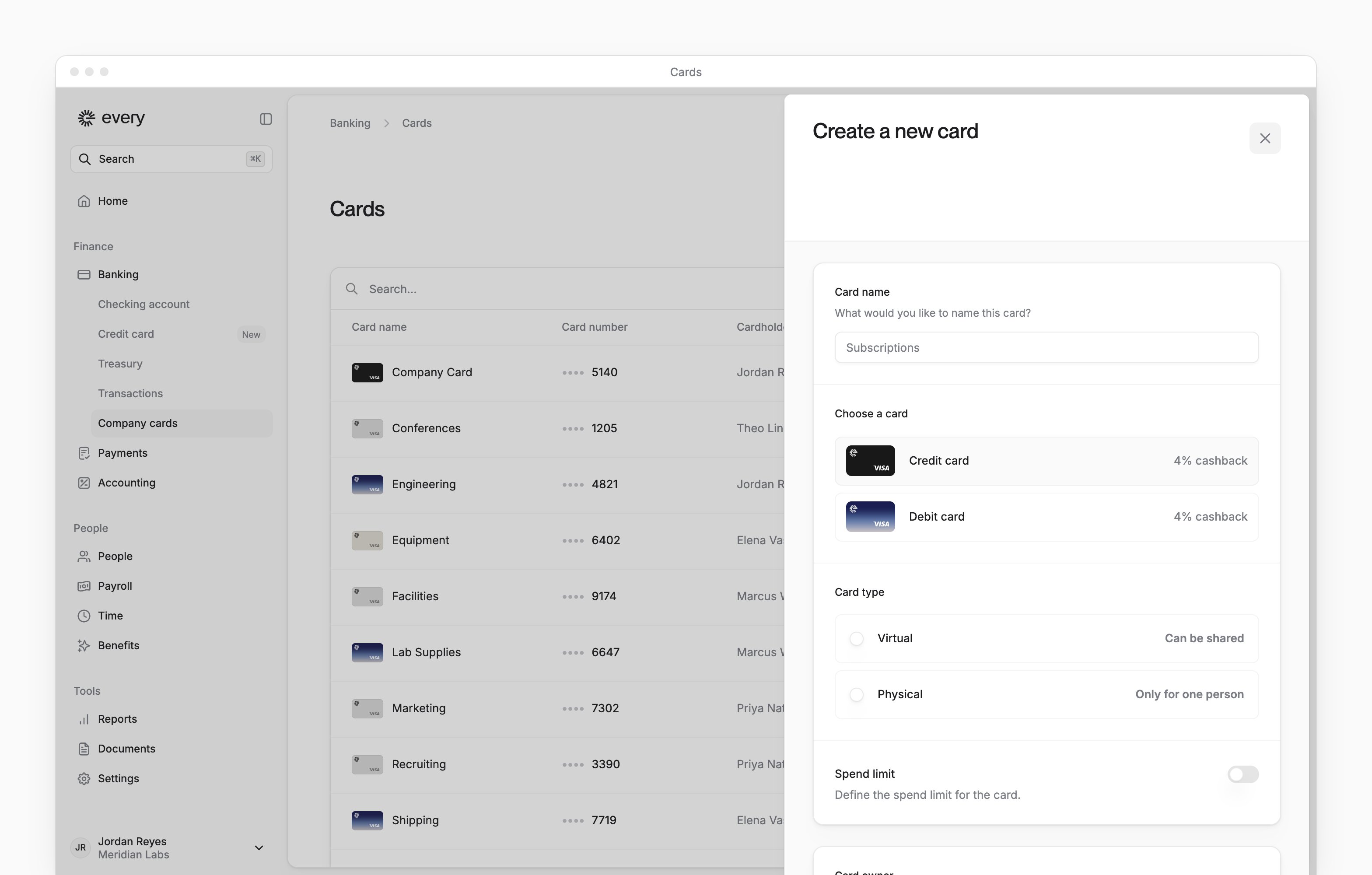 The Create a new card sheet, with the card name, credit or debit, card type and spend limit.