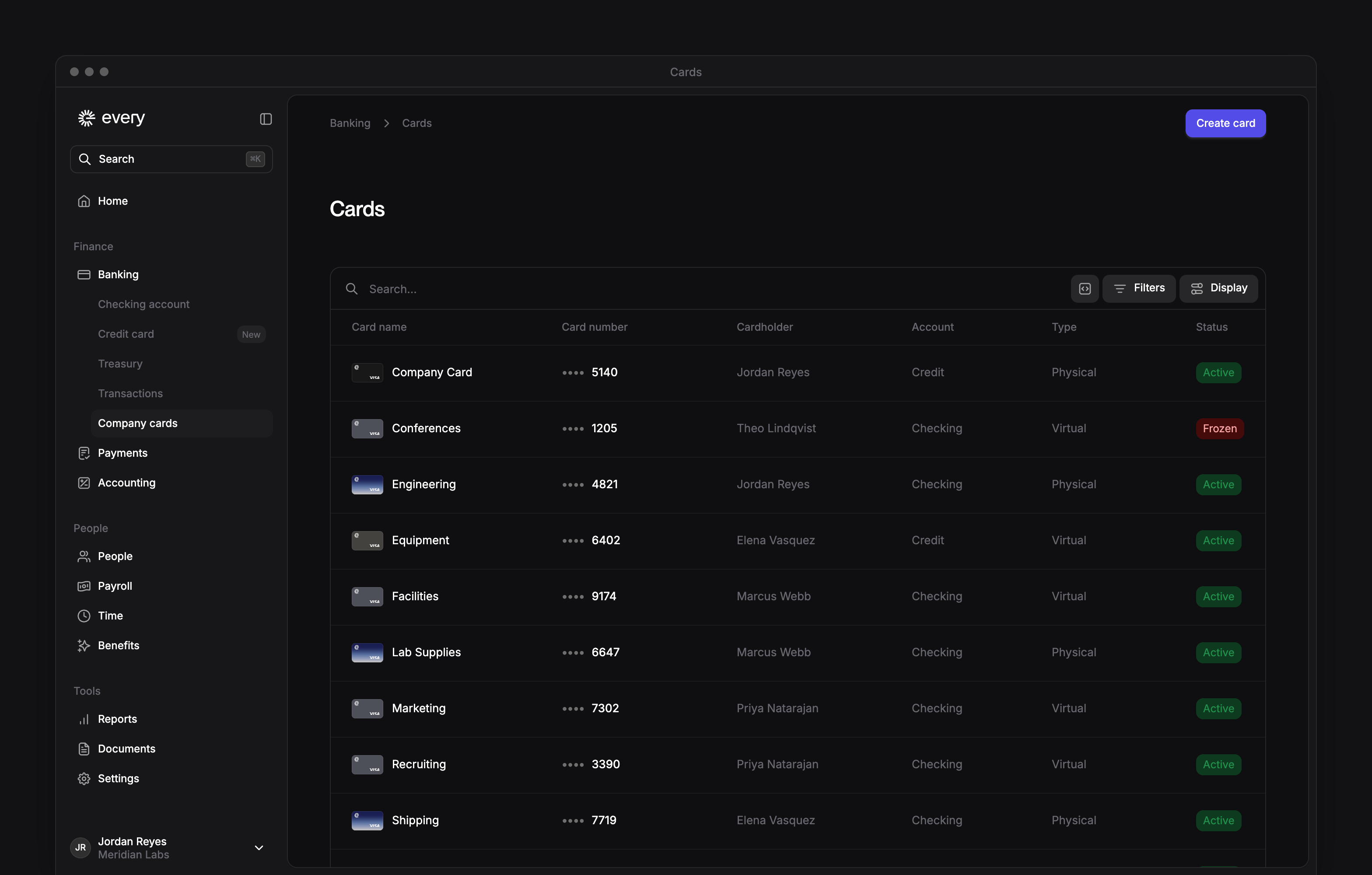 The Cards page, listing the company's cards with their numbers, cardholders, type and status.