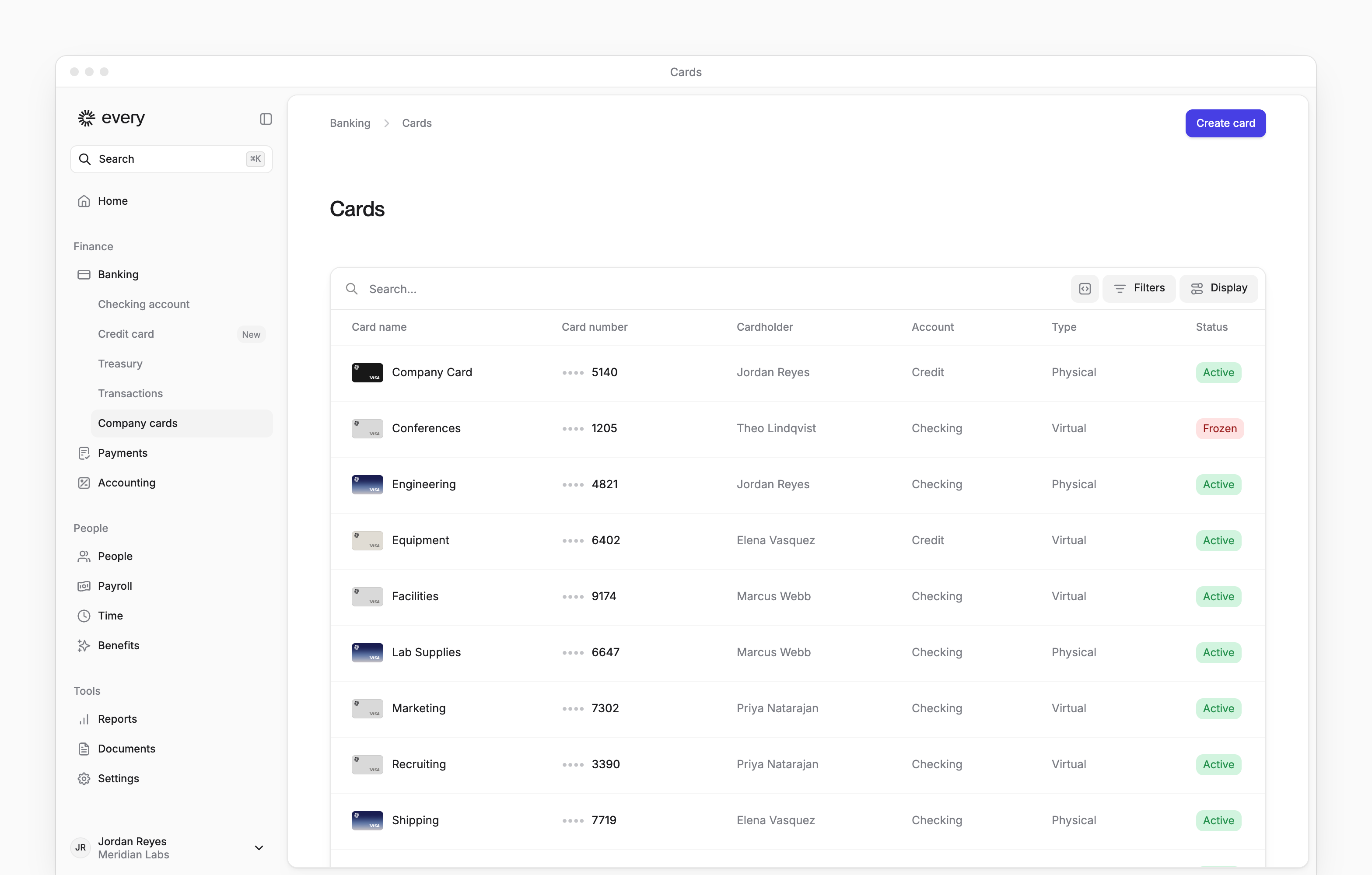 The Cards page, listing the company's cards with their numbers, cardholders, type and status.