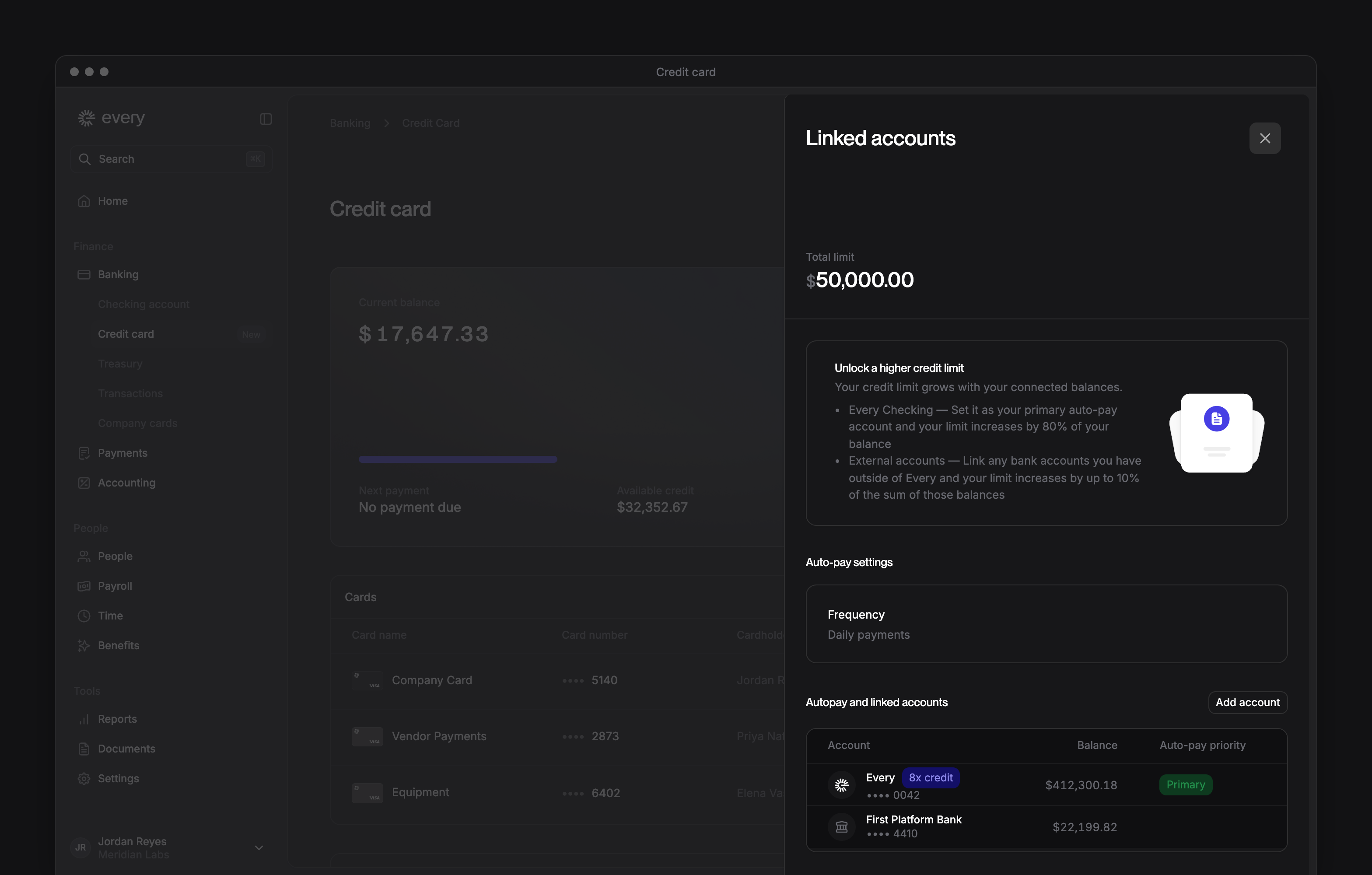 The Linked accounts sheet on the Credit card page, with the total limit, auto-pay settings and the accounts that repay it.