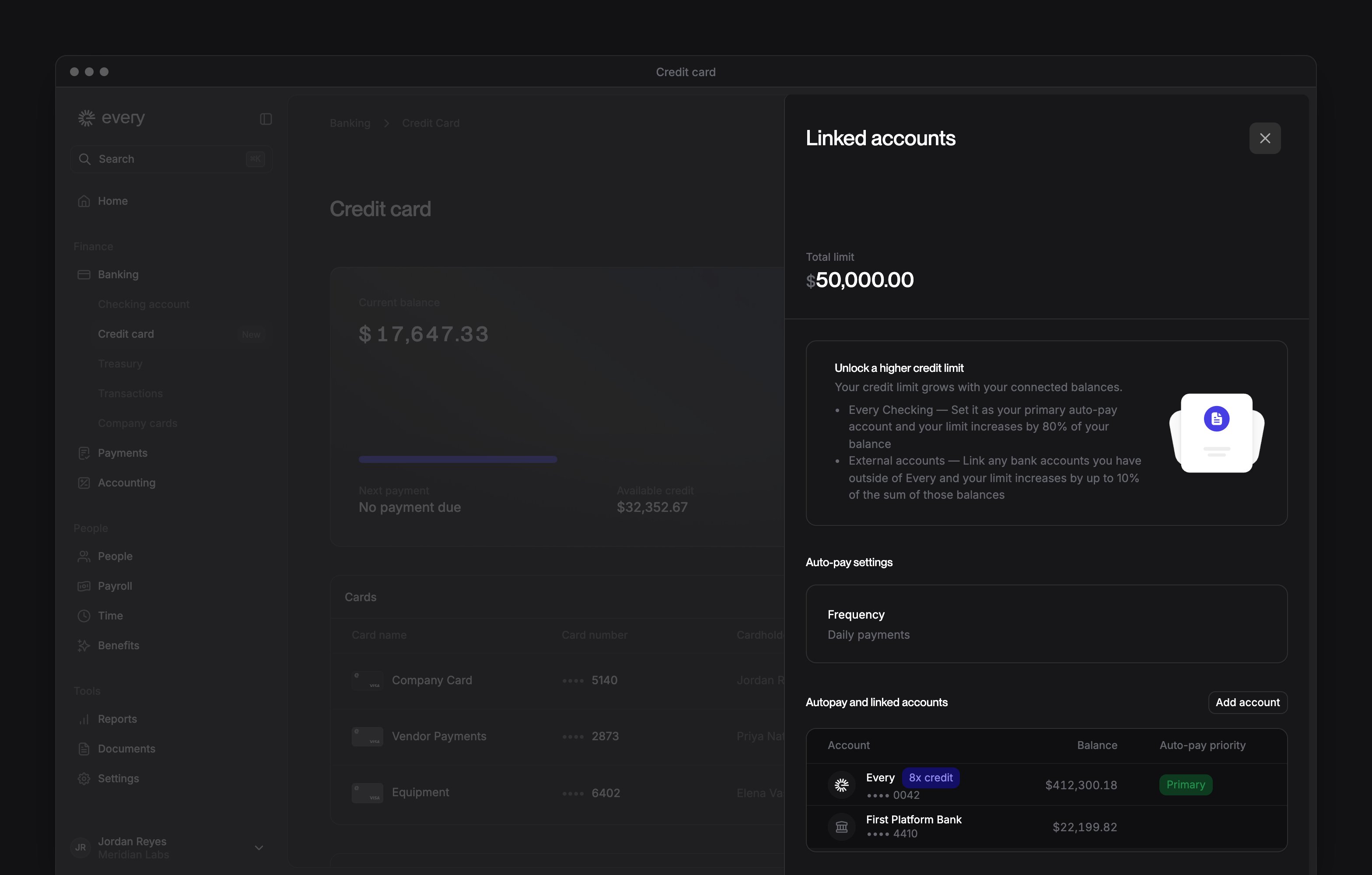 The Linked accounts sheet on the Credit card page, with the total limit, auto-pay settings and the accounts that repay it.
