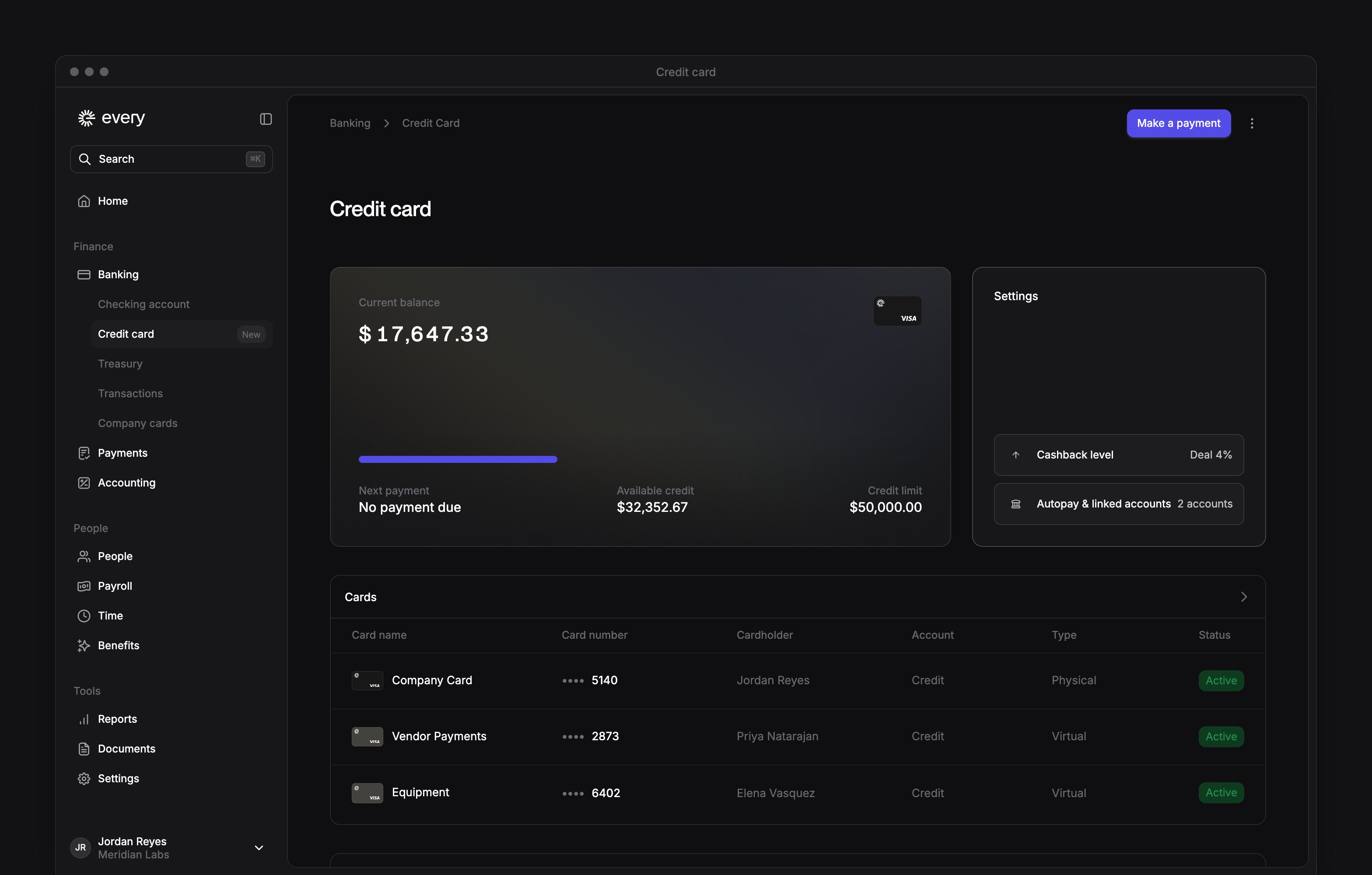 The Credit card page, with the current balance, available credit and credit limit, Settings and the account's cards.