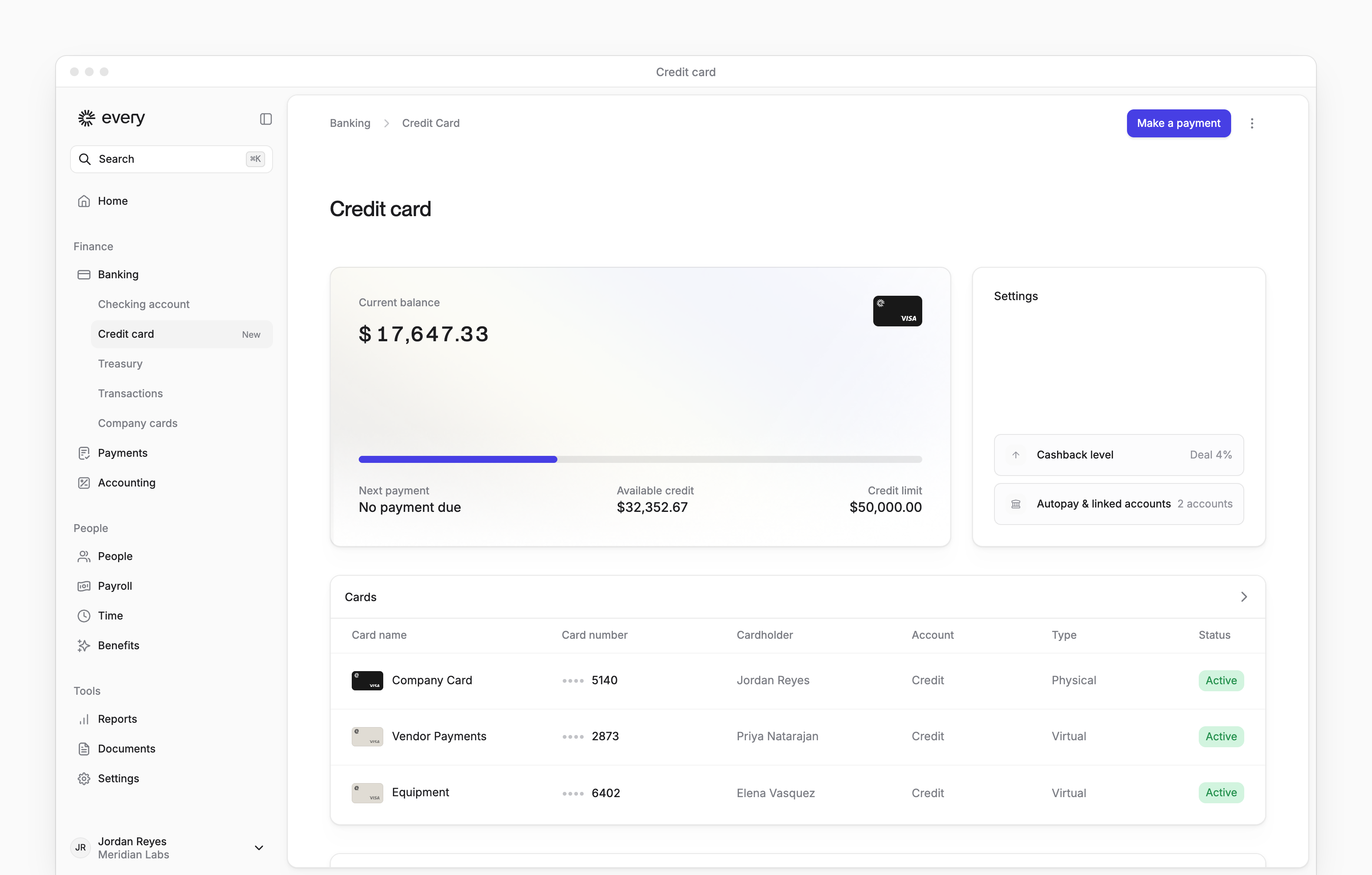 The Credit card page, with the current balance, available credit and credit limit, Settings and the account's cards.