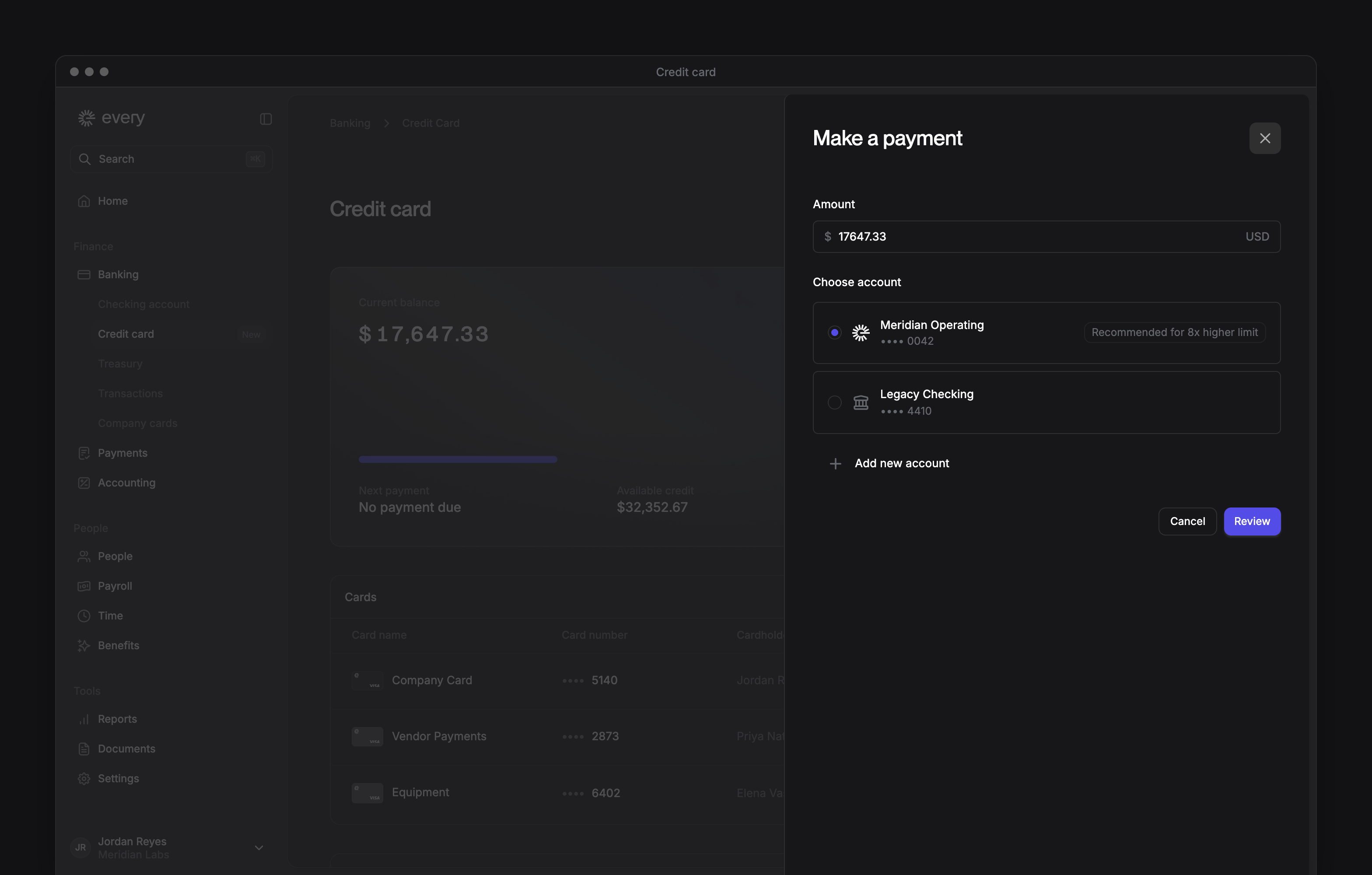 The Make a payment sheet on the Credit card page, with the amount to pay and the account to pay from.
