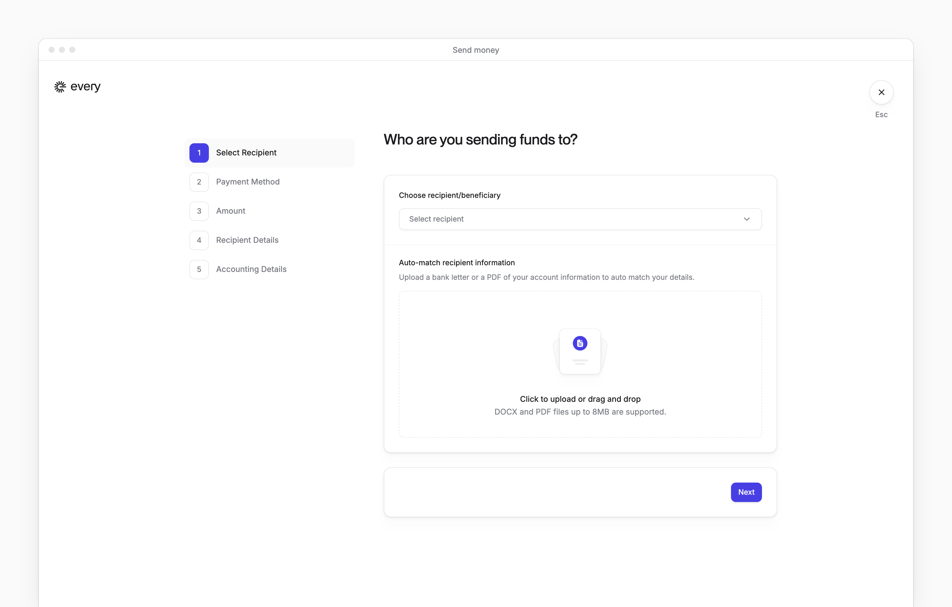 The first step of Send money, Who are you sending funds to?, with a recipient picker.