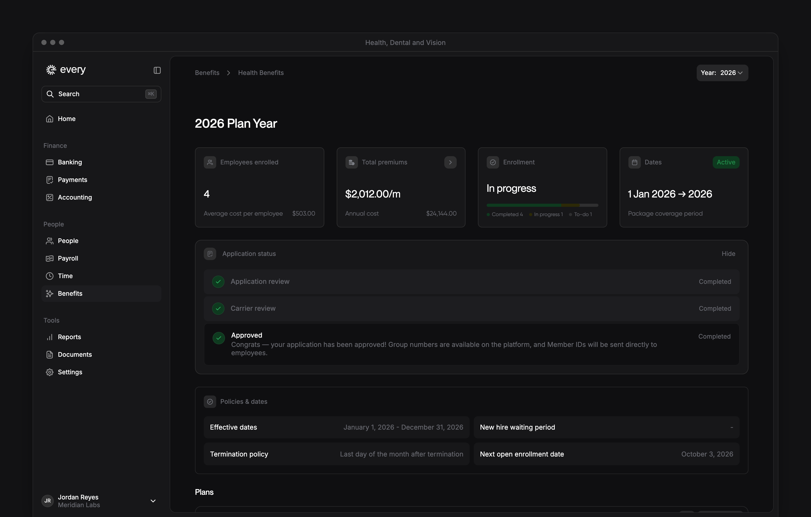 Health plan-year dashboard with enrollment summary, application tracker, policy dates and the app sidebar.