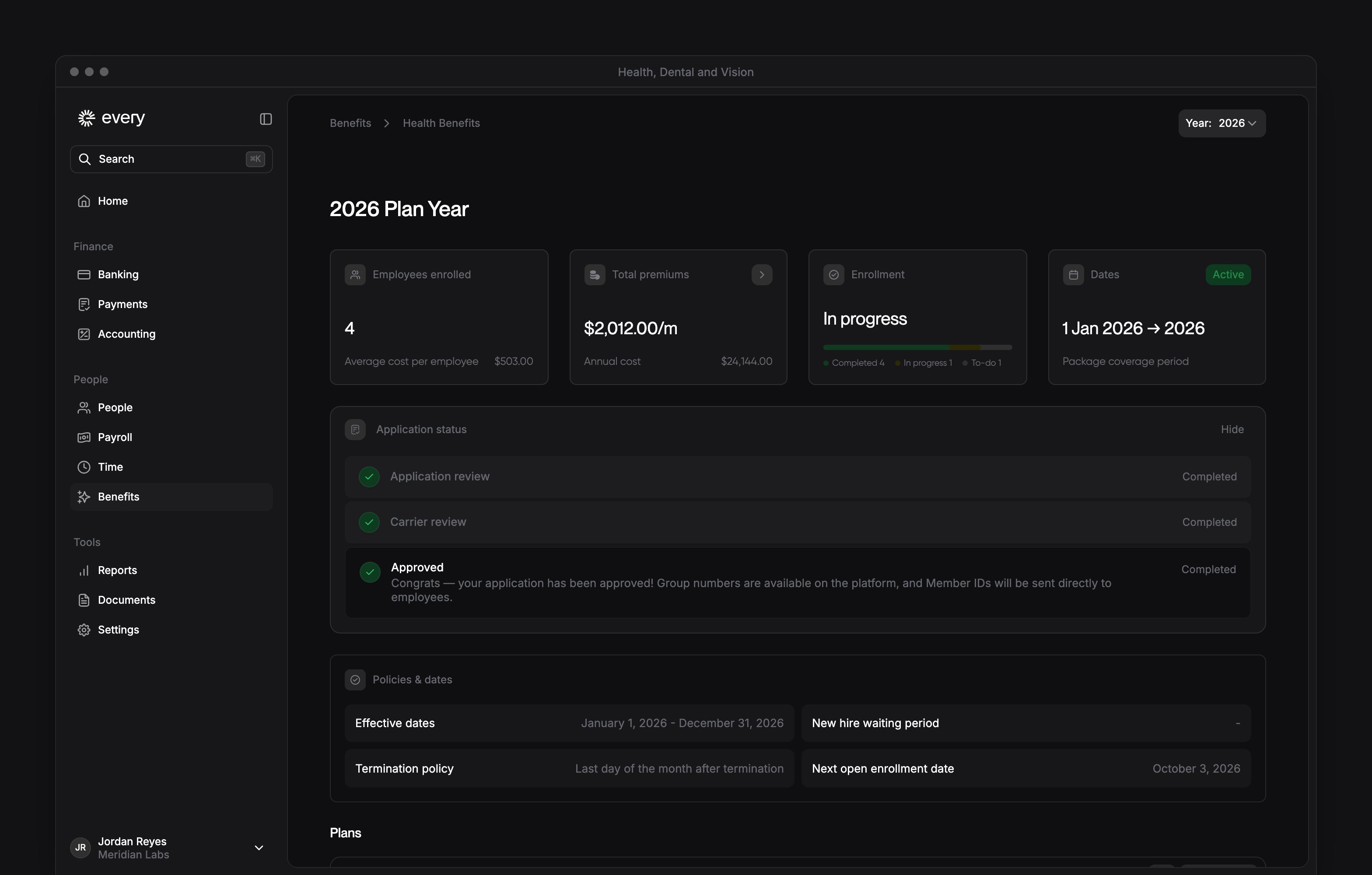 Health plan-year dashboard with enrollment summary, application tracker, policy dates and the app sidebar.