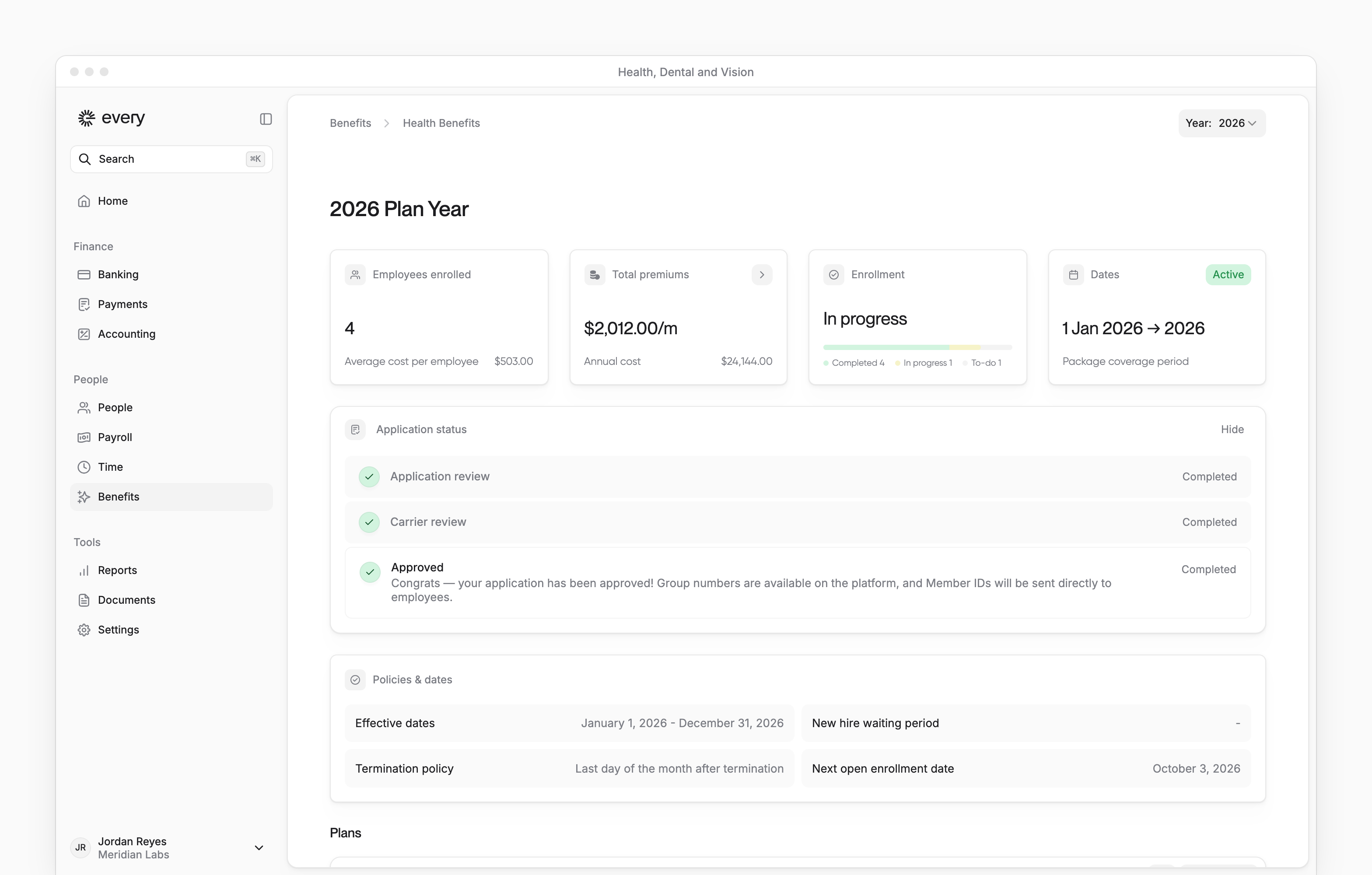 Health plan-year dashboard with enrollment summary, application tracker, policy dates and the app sidebar.