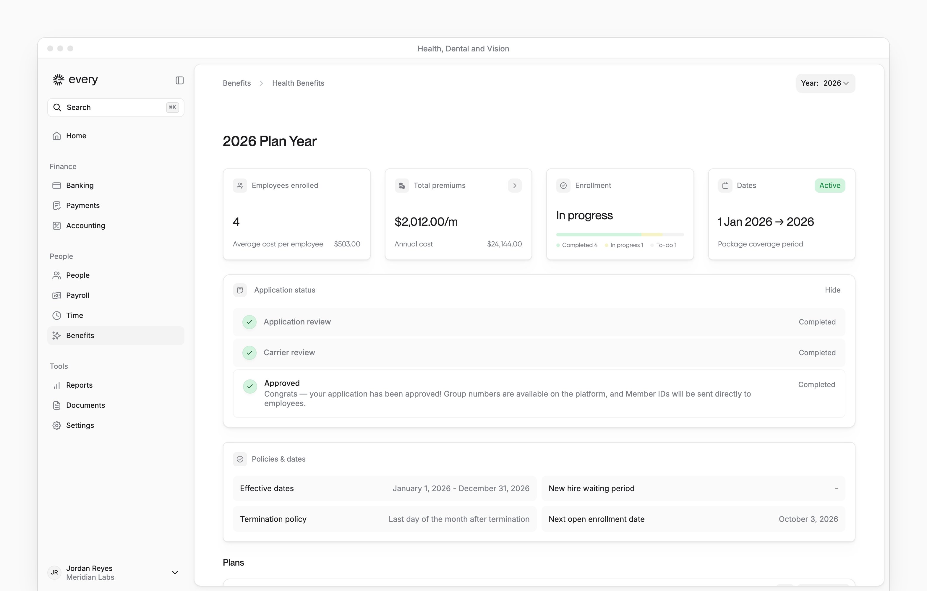 Health plan-year dashboard with enrollment summary, application tracker, policy dates and the app sidebar.