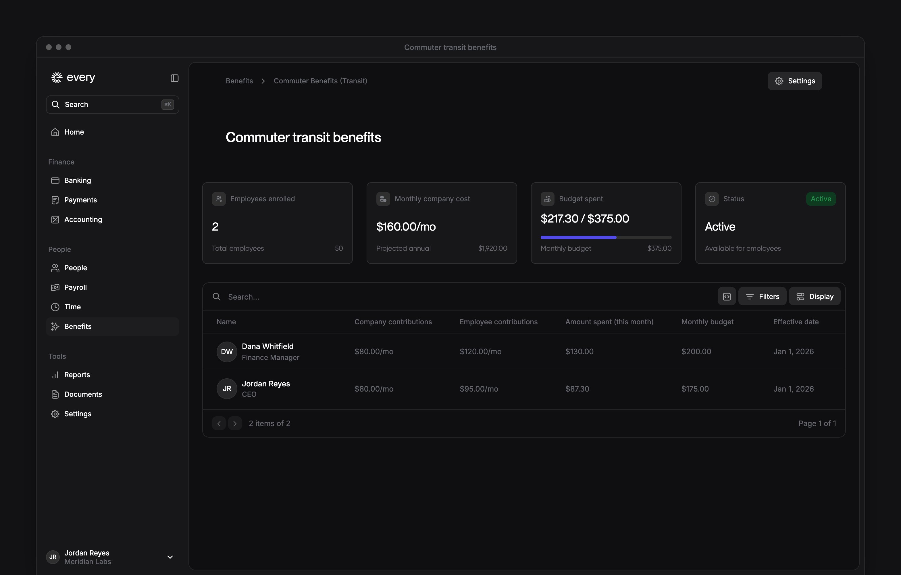 Commuter transit dashboard with budget summary, employee contributions and the app sidebar.