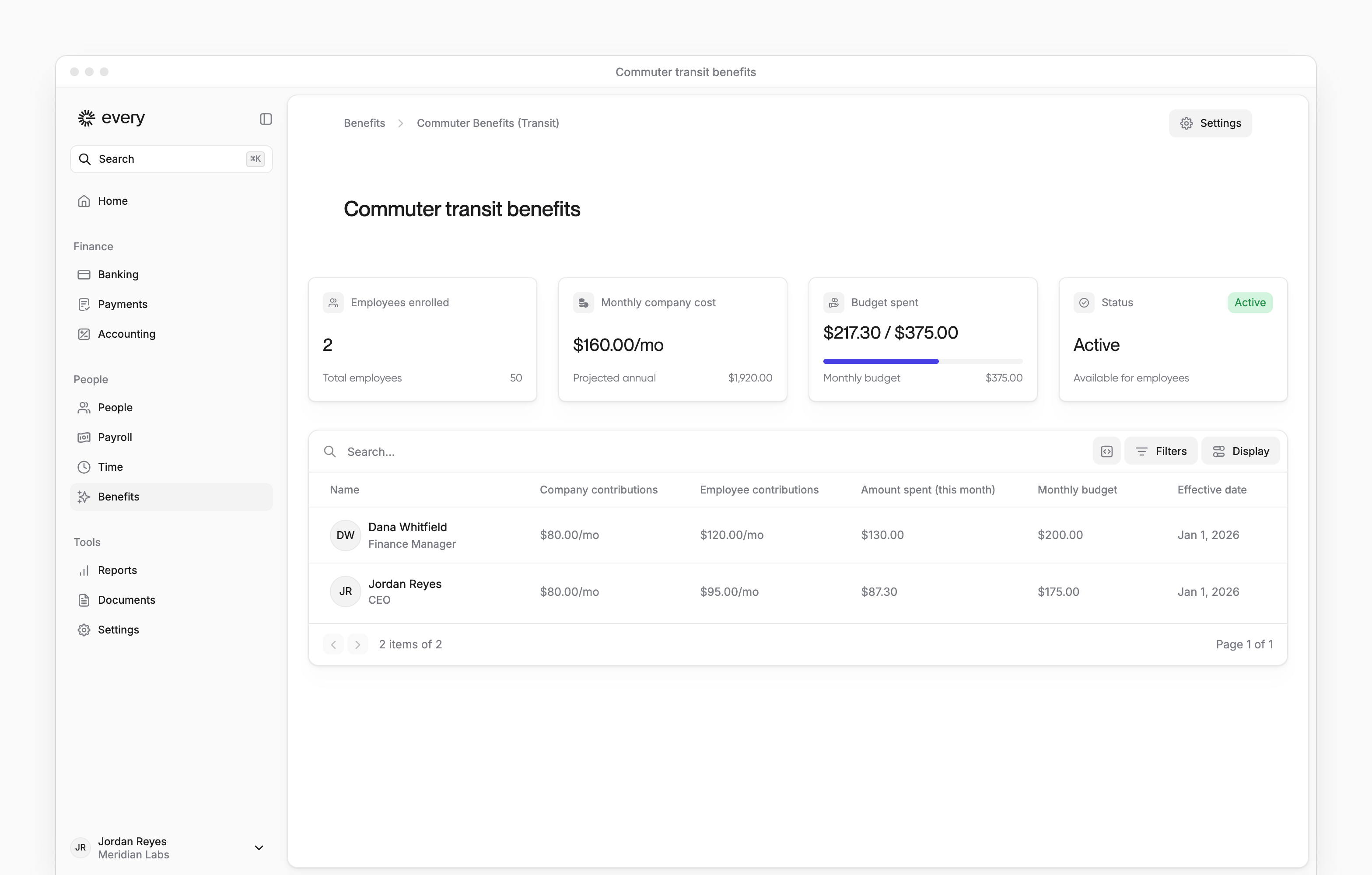 Commuter transit dashboard with budget summary, employee contributions and the app sidebar.
